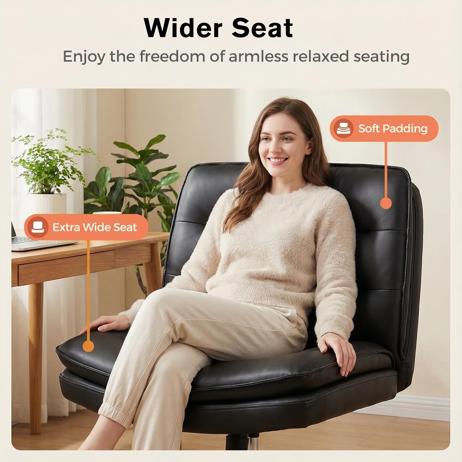 image:imageGTPLAYER Cross Legged Office Chair Armless Desk Chair Cute Vanity Chair with Wheels Computer Chair Comfy Wide Office Chair Adjustable Swivel for Home Computer TaskSoft Velvet GreyPulight Black