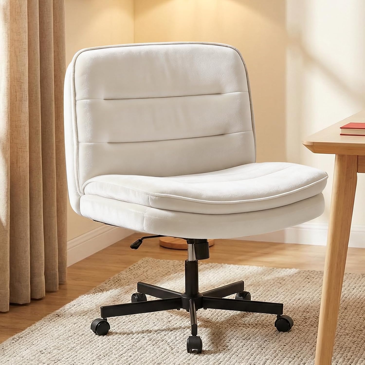 image:imageGTPLAYER Cross Legged Office Chair Armless Desk Chair Cute Vanity Chair with Wheels Computer Chair Comfy Wide Office Chair Adjustable Swivel for Home Computer Task Soft Velvet Beige