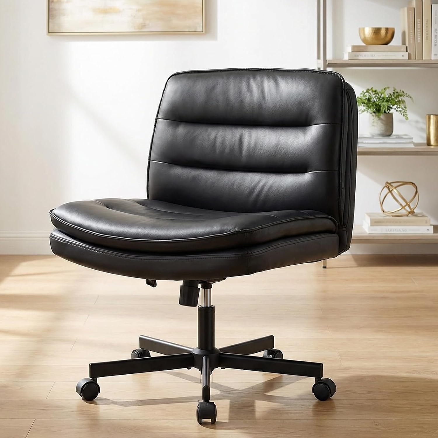 image:imageGTPLAYER Cross Legged Office Chair Armless Desk Chair Cute Vanity Chair with Wheels Computer Chair Comfy Wide Office Chair Adjustable Swivel for Home Computer TaskSoft Velvet GreyPulight Black