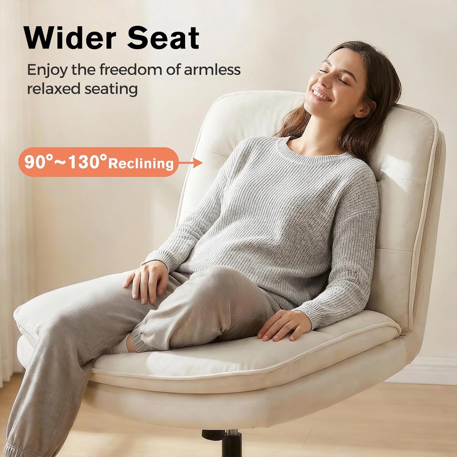 image:imageGTPLAYER Cross Legged Office Chair Armless Desk Chair Cute Vanity Chair with Wheels Computer Chair Comfy Wide Office Chair Adjustable Swivel for Home Computer Task Soft Velvet Beige