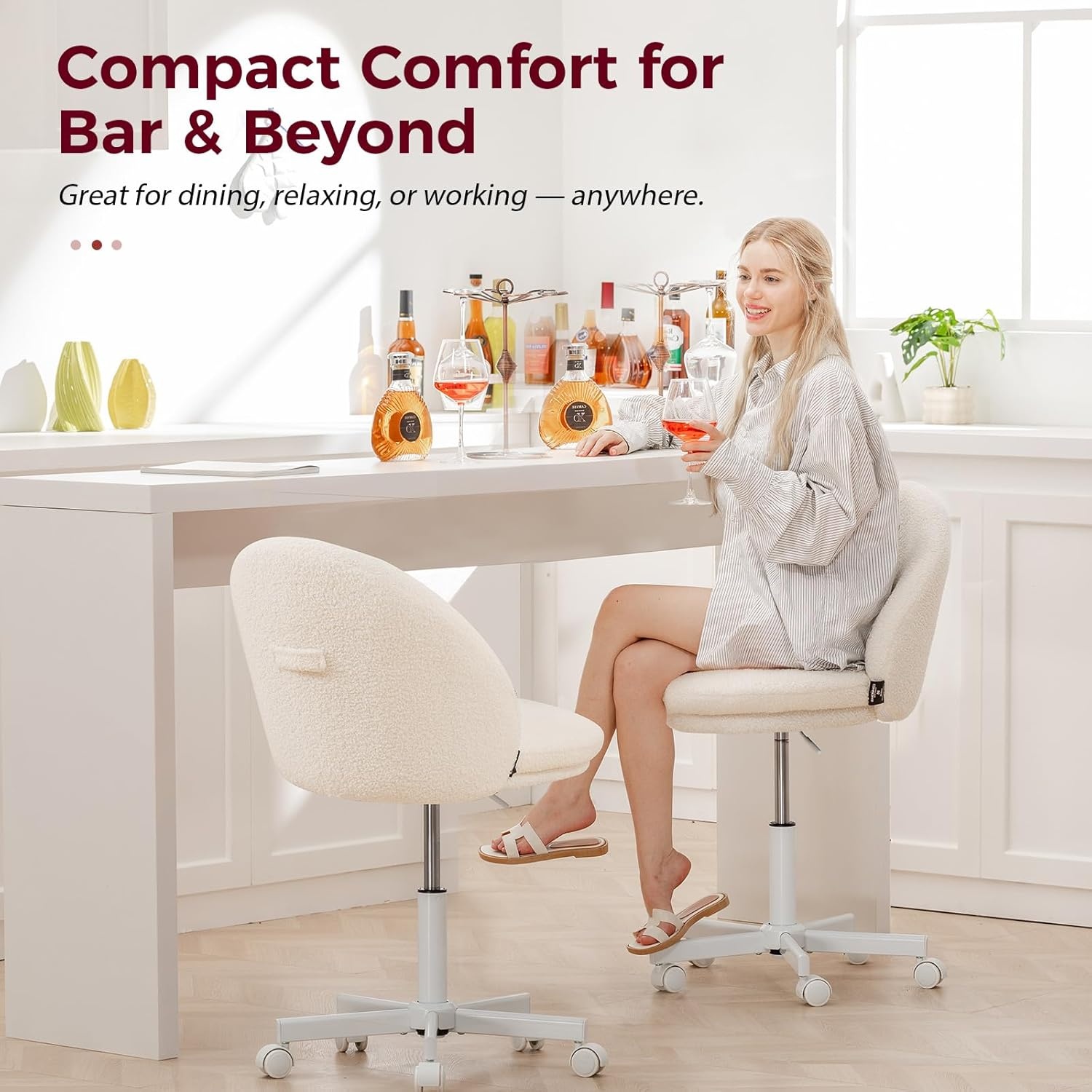 image:imageGTPLAYER Velvet Tall Office Chair with Wheels Vanity Chairs with Back Versatile Height Use Office to Bar Stools Small Ergonomic Comfy Armlees Computer Desk Chair with Bow Lumbar Pillow for GiftTvcream