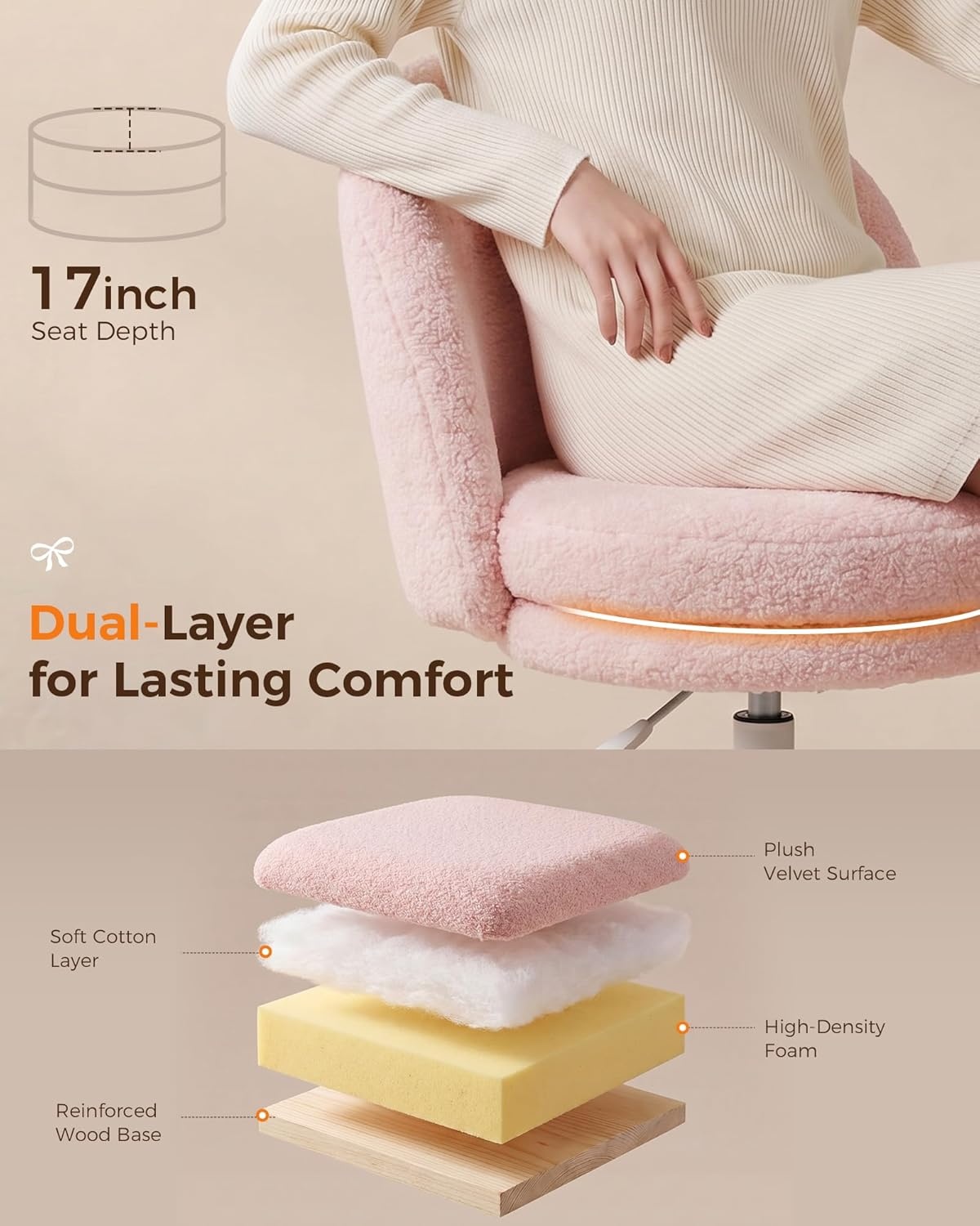 image:imageGTPLAYER Velvet Tall Office Chair with Wheels Vanity Chairs with Back Versatile Height Use Office to Bar Stools Small Ergonomic Comfy Armlees Computer Desk Chair with Bow Lumbar Pillow for GiftTvpink