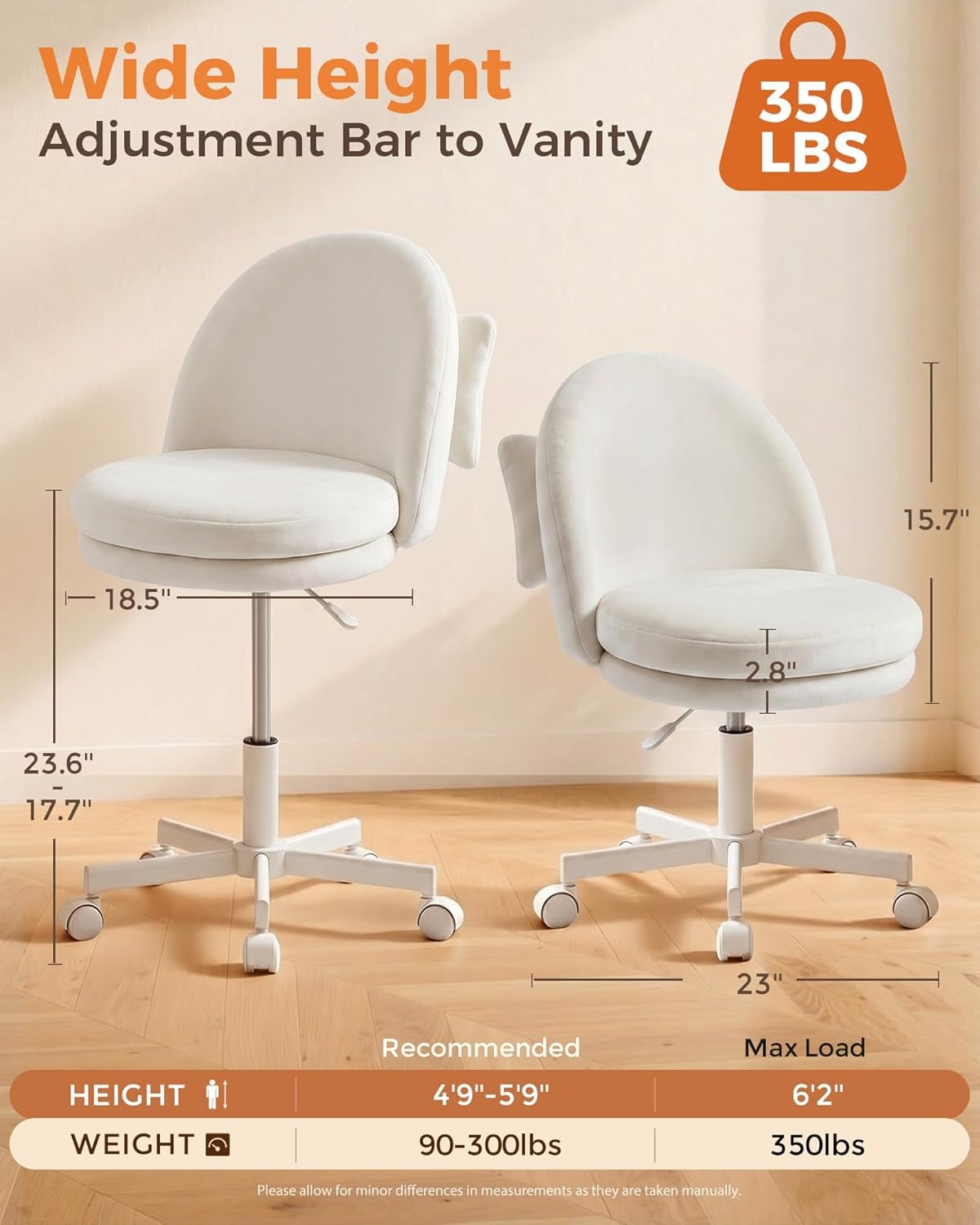 image:imageGTPLAYER Velvet Tall Office Chair with Wheels Vanity Chairs with Back Versatile Height Use Office to Bar Stools Small Ergonomic Comfy Armlees Computer Desk Chair with Bow Lumbar Pillow for GiftVewhite
