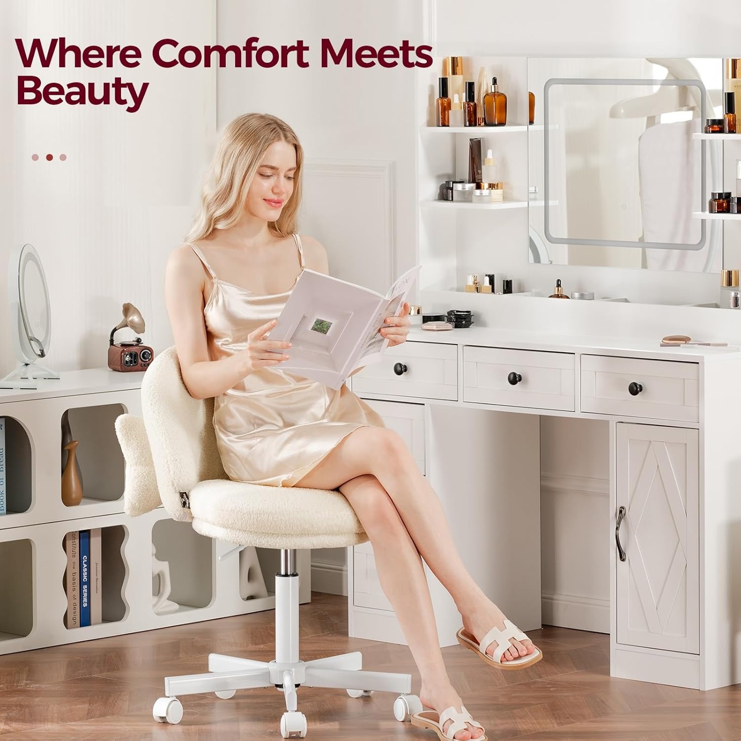 image:imageGTPLAYER Velvet Tall Office Chair with Wheels Vanity Chairs with Back Versatile Height Use Office to Bar Stools Small Ergonomic Comfy Armlees Computer Desk Chair with Bow Lumbar Pillow for GiftTvcream