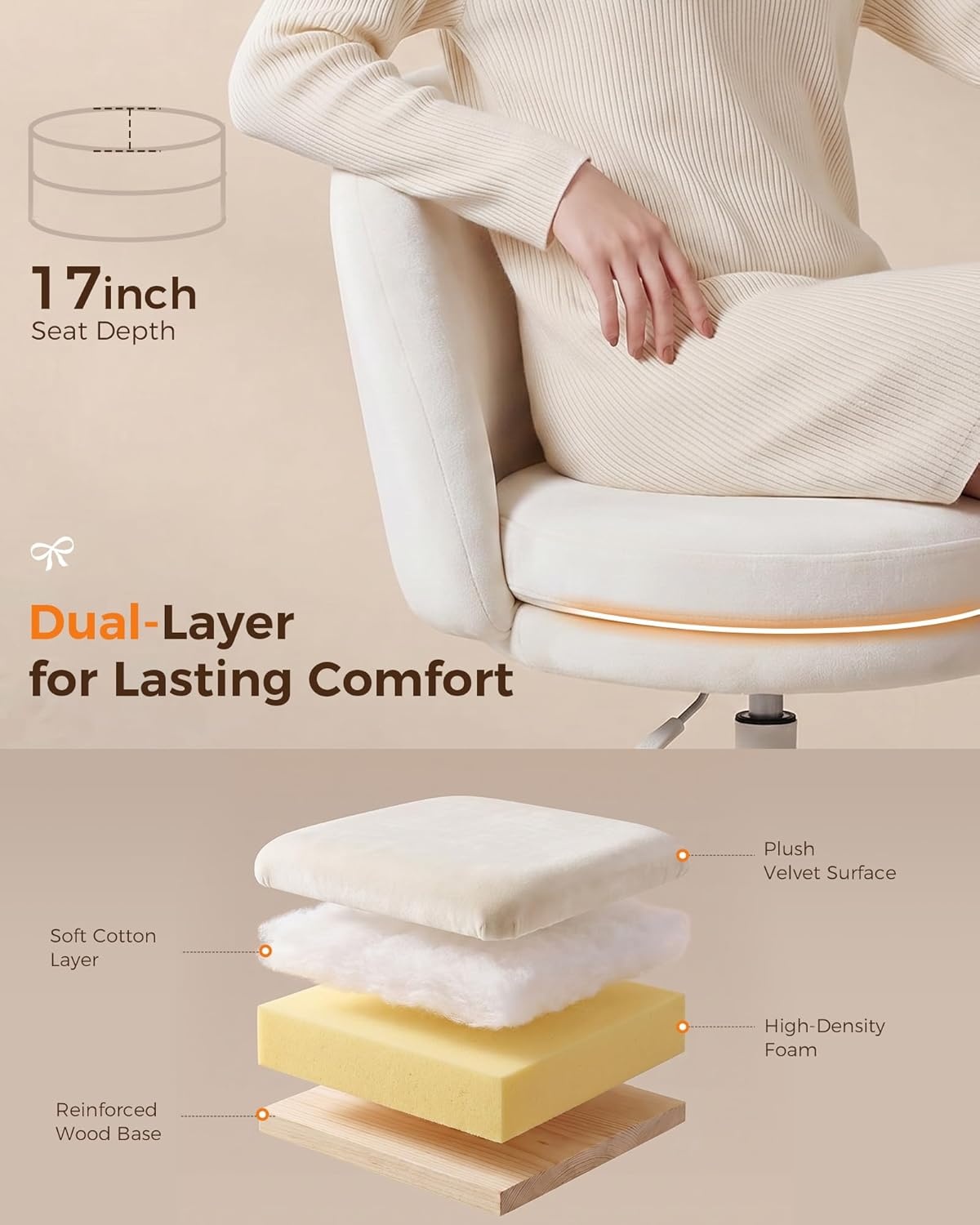 image:imageGTPLAYER Velvet Tall Office Chair with Wheels Vanity Chairs with Back Versatile Height Use Office to Bar Stools Small Ergonomic Comfy Armlees Computer Desk Chair with Bow Lumbar Pillow for GiftVewhite