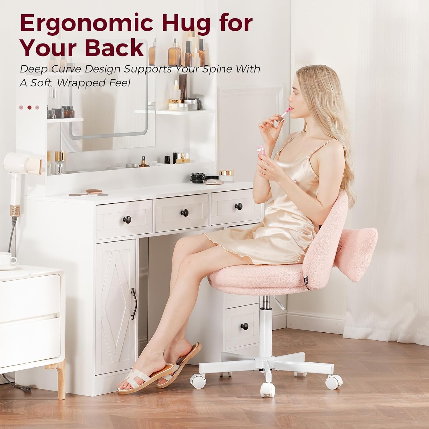 image:imageGTPLAYER Velvet Tall Office Chair with Wheels Vanity Chairs with Back Versatile Height Use Office to Bar Stools Small Ergonomic Comfy Armlees Computer Desk Chair with Bow Lumbar Pillow for GiftTvpeach