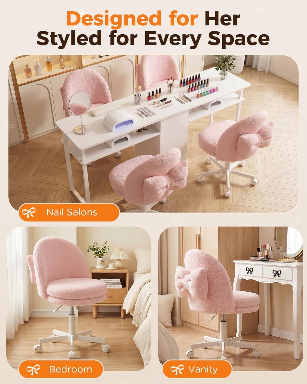 image:imageGTPLAYER Velvet Tall Office Chair with Wheels Vanity Chairs with Back Versatile Height Use Office to Bar Stools Small Ergonomic Comfy Armlees Computer Desk Chair with Bow Lumbar Pillow for GiftTvpink