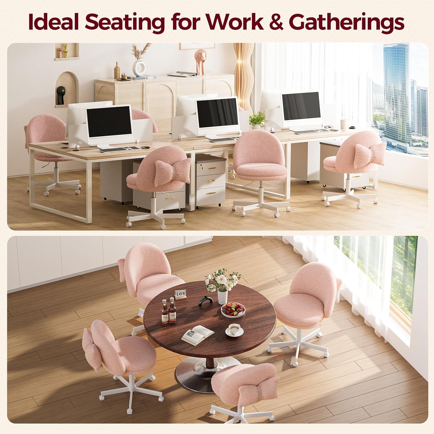 image:imageGTPLAYER Velvet Tall Office Chair with Wheels Vanity Chairs with Back Versatile Height Use Office to Bar Stools Small Ergonomic Comfy Armlees Computer Desk Chair with Bow Lumbar Pillow for GiftTvpeach