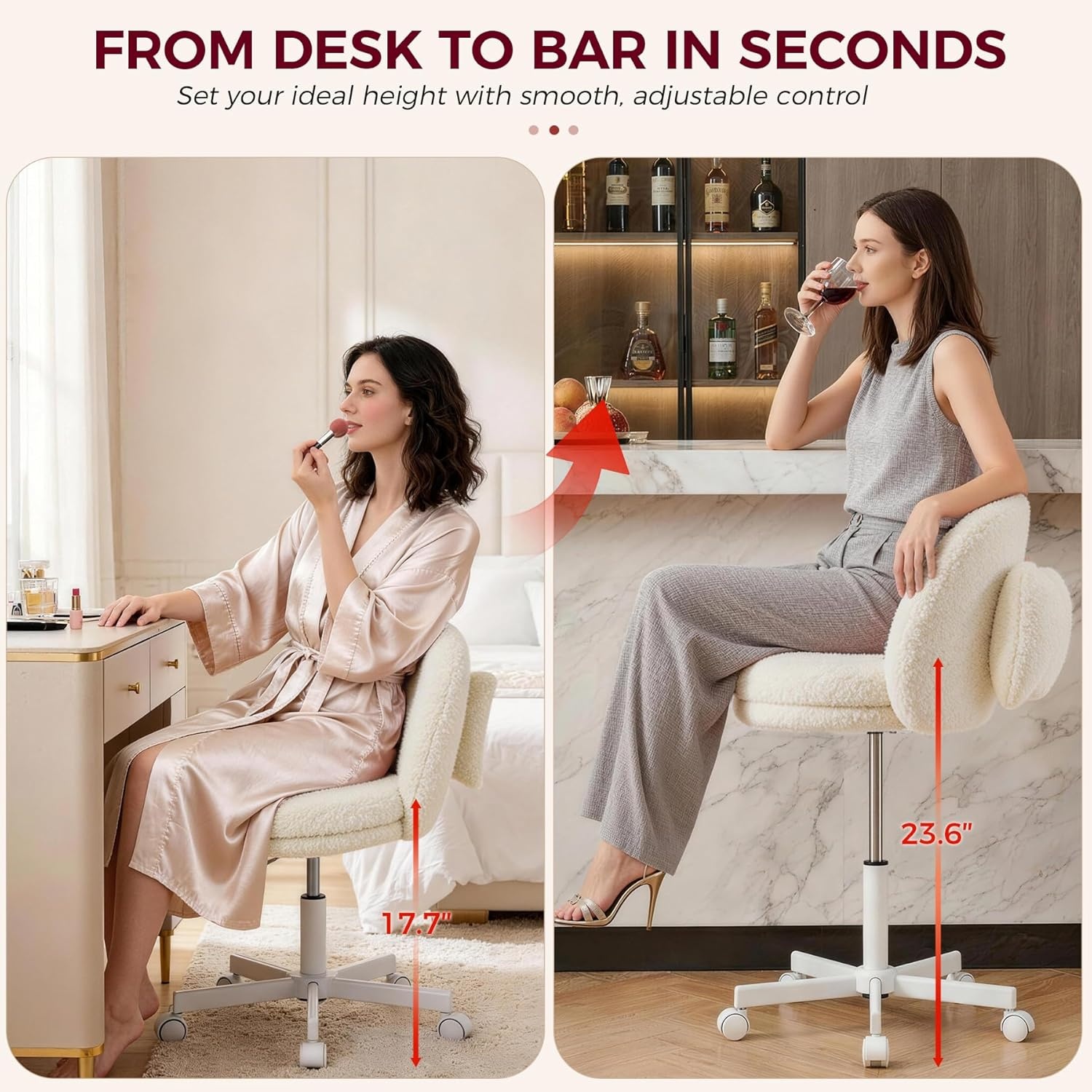 image:imageGTPLAYER Velvet Tall Office Chair with Wheels Vanity Chairs with Back Versatile Height Use Office to Bar Stools Small Ergonomic Comfy Armlees Computer Desk Chair with Bow Lumbar Pillow for GiftTvcream