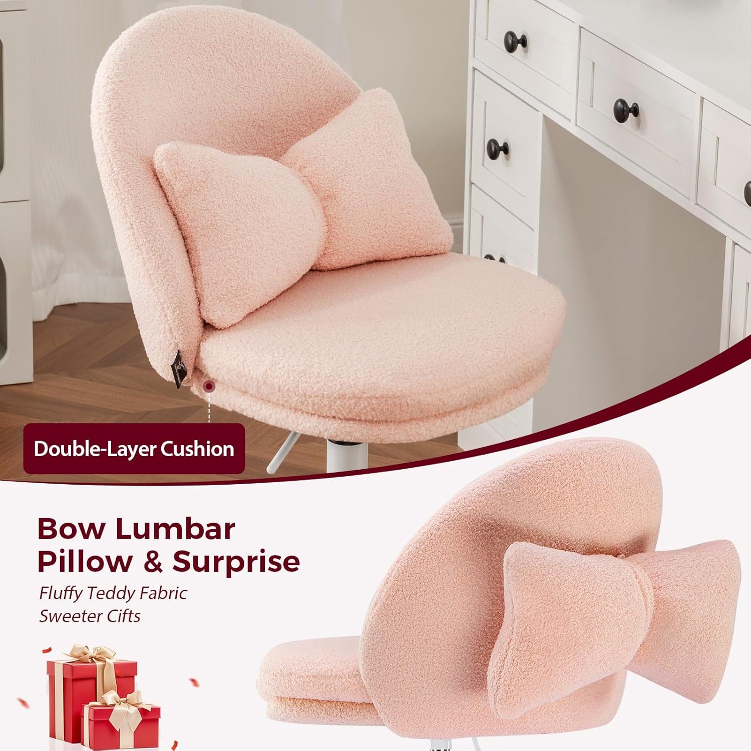 image:imageGTPLAYER Velvet Tall Office Chair with Wheels Vanity Chairs with Back Versatile Height Use Office to Bar Stools Small Ergonomic Comfy Armlees Computer Desk Chair with Bow Lumbar Pillow for GiftTvpeach