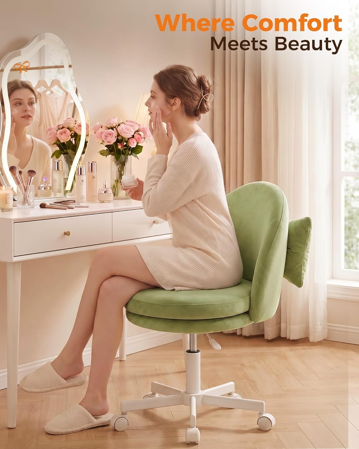 image:imageGTPLAYER Velvet Tall Office Chair with Wheels Vanity Chairs with Back Versatile Height Use Office to Bar Stools Small Ergonomic Comfy Armlees Computer Desk Chair with Bow Lumbar Pillow for GiftVegreen