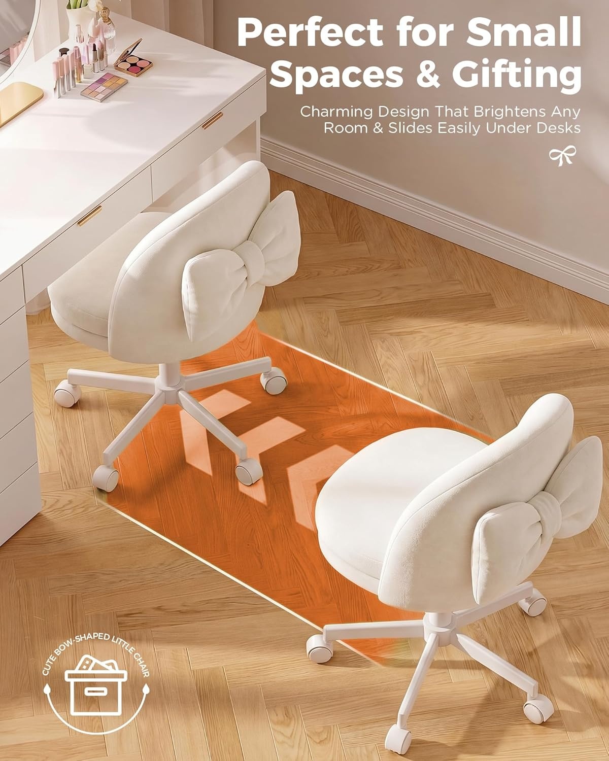image:imageGTPLAYER Velvet Tall Office Chair with Wheels Vanity Chairs with Back Versatile Height Use Office to Bar Stools Small Ergonomic Comfy Armlees Computer Desk Chair with Bow Lumbar Pillow for GiftVewhite