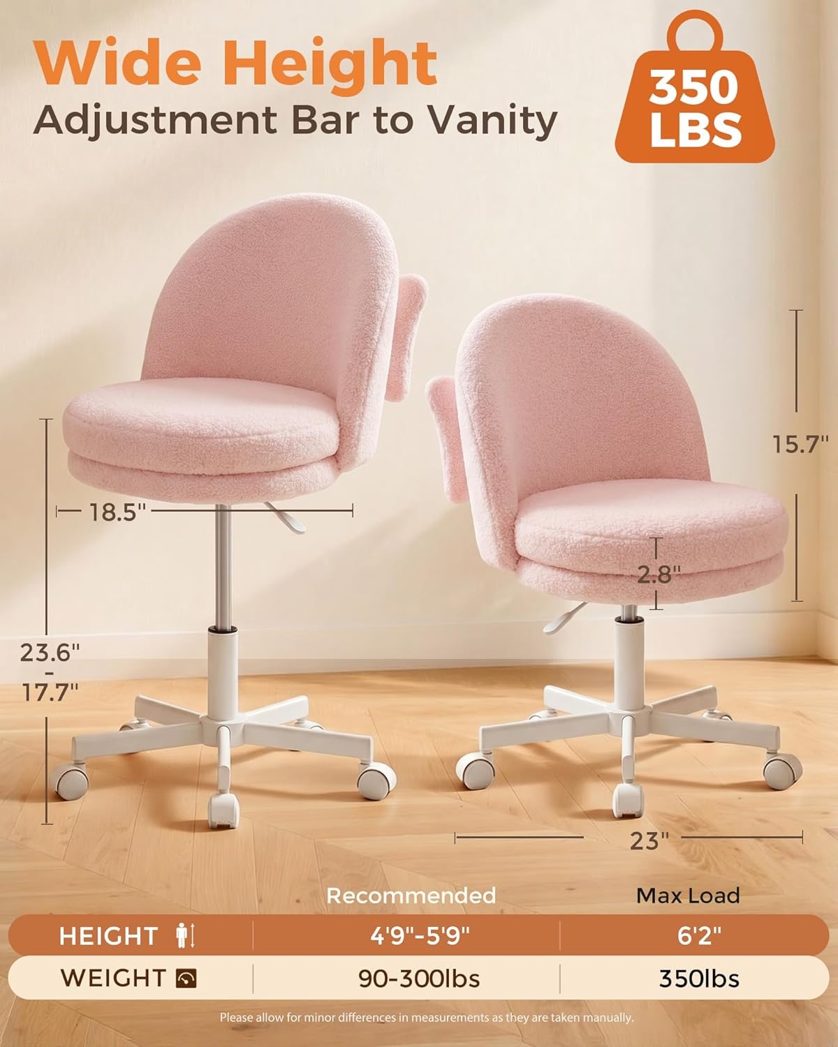 image:imageGTPLAYER Velvet Tall Office Chair with Wheels Vanity Chairs with Back Versatile Height Use Office to Bar Stools Small Ergonomic Comfy Armlees Computer Desk Chair with Bow Lumbar Pillow for GiftTvpink