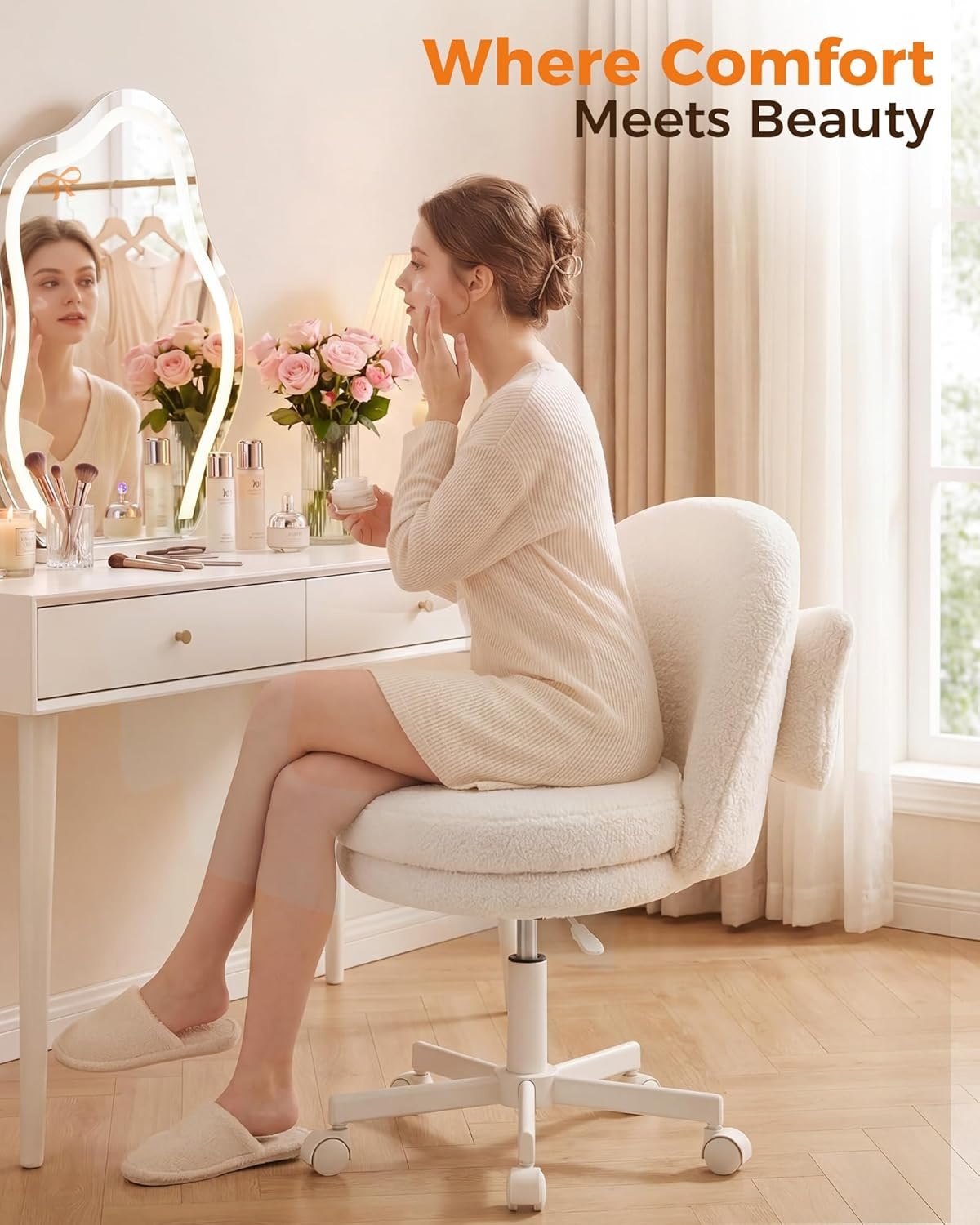 image:imageGTPLAYER Velvet Tall Office Chair with Wheels Vanity Chairs with Back Versatile Height Use Office to Bar Stools Small Ergonomic Comfy Armlees Computer Desk Chair with Bow Lumbar Pillow for GiftTvwhite