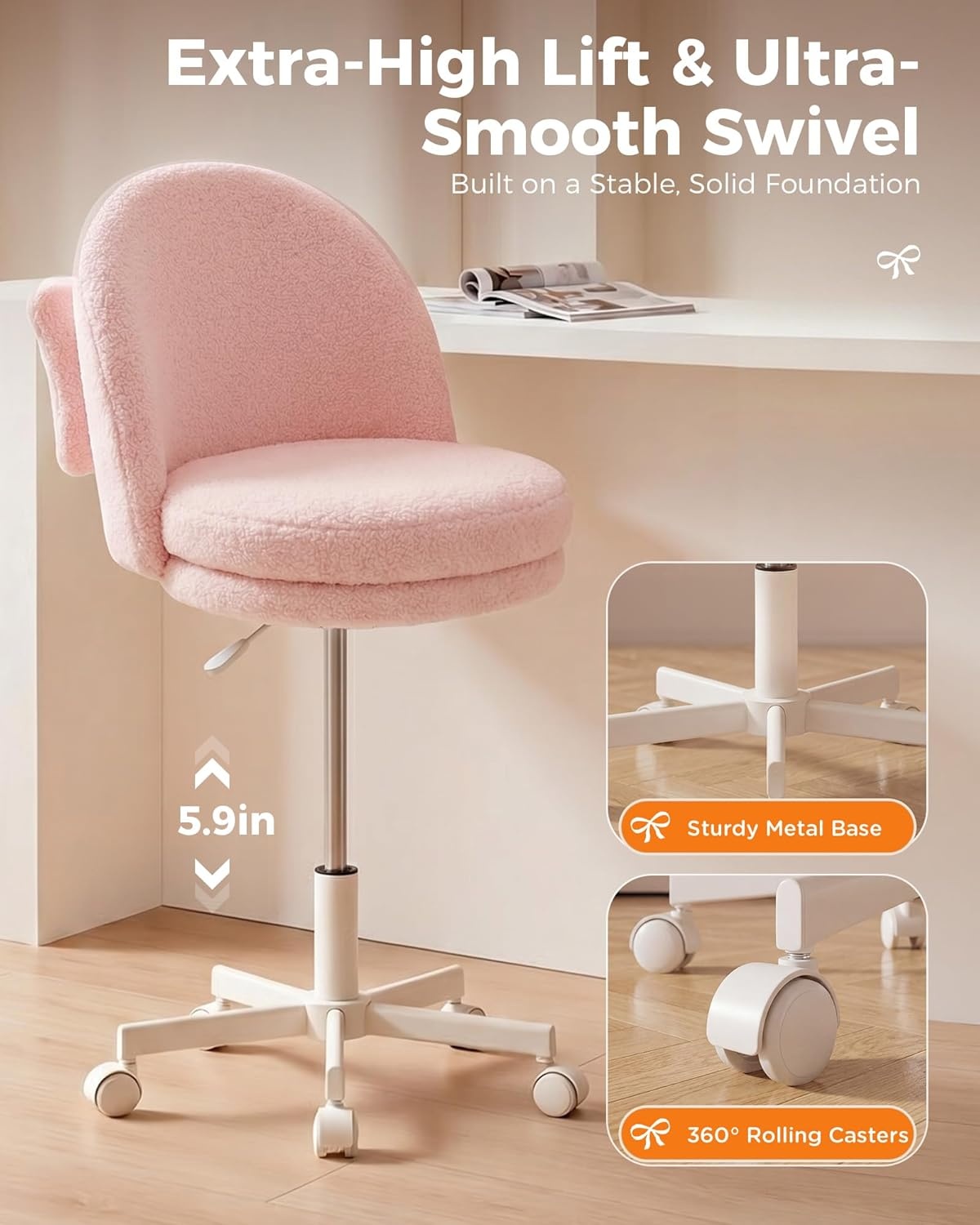 image:imageGTPLAYER Velvet Tall Office Chair with Wheels Vanity Chairs with Back Versatile Height Use Office to Bar Stools Small Ergonomic Comfy Armlees Computer Desk Chair with Bow Lumbar Pillow for GiftTvpink