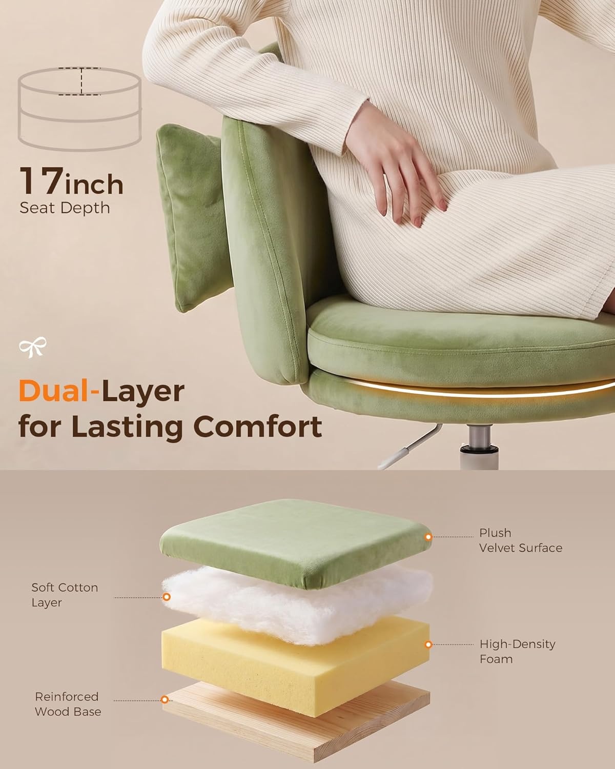 image:imageGTPLAYER Velvet Tall Office Chair with Wheels Vanity Chairs with Back Versatile Height Use Office to Bar Stools Small Ergonomic Comfy Armlees Computer Desk Chair with Bow Lumbar Pillow for GiftVegreen
