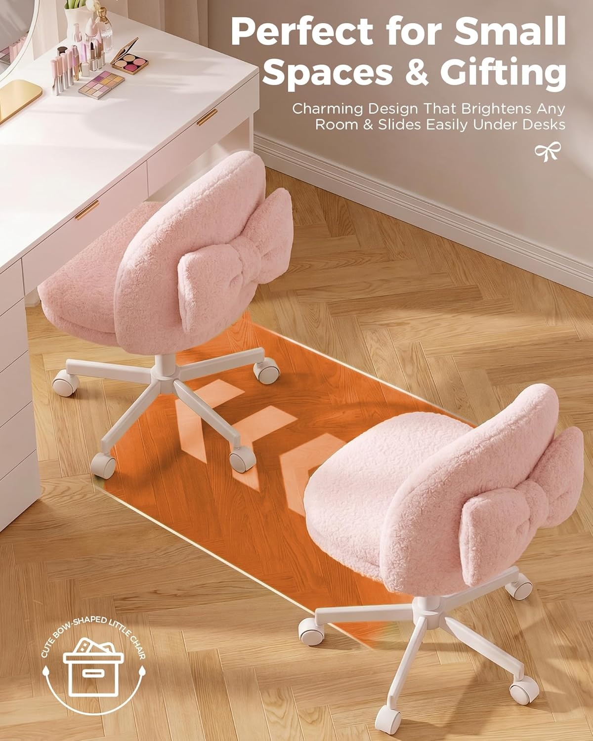 image:imageGTPLAYER Velvet Tall Office Chair with Wheels Vanity Chairs with Back Versatile Height Use Office to Bar Stools Small Ergonomic Comfy Armlees Computer Desk Chair with Bow Lumbar Pillow for GiftTvpink