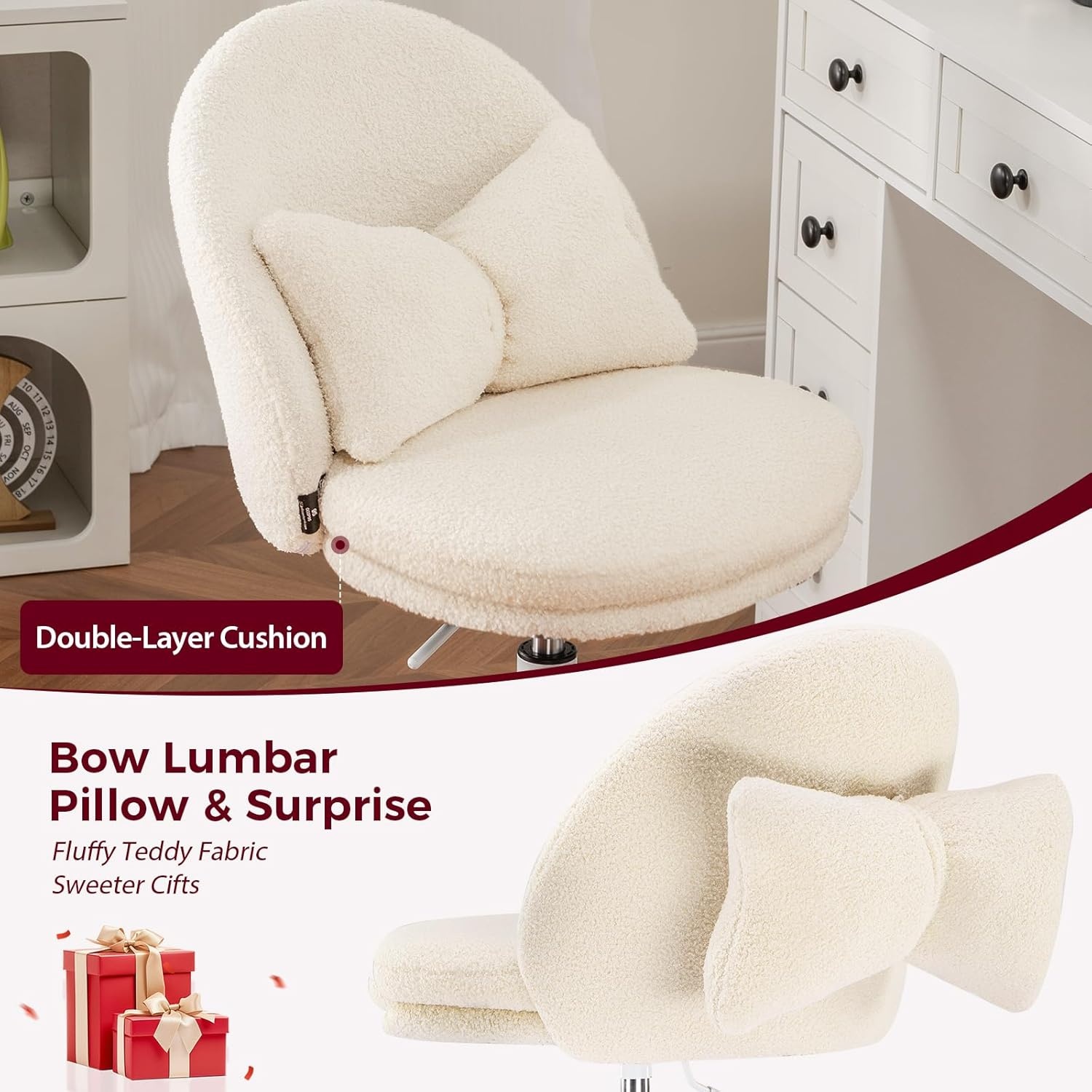 image:imageGTPLAYER Velvet Tall Office Chair with Wheels Vanity Chairs with Back Versatile Height Use Office to Bar Stools Small Ergonomic Comfy Armlees Computer Desk Chair with Bow Lumbar Pillow for GiftTvcream