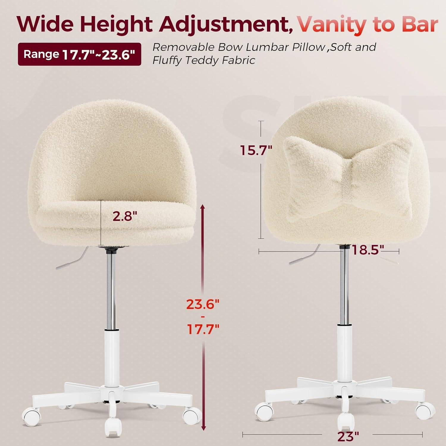 image:imageGTPLAYER Velvet Tall Office Chair with Wheels Vanity Chairs with Back Versatile Height Use Office to Bar Stools Small Ergonomic Comfy Armlees Computer Desk Chair with Bow Lumbar Pillow for GiftTvcream