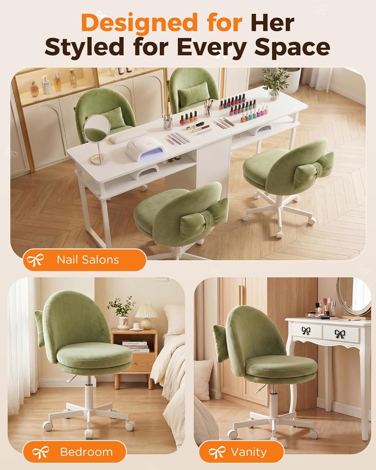 image:imageGTPLAYER Velvet Tall Office Chair with Wheels Vanity Chairs with Back Versatile Height Use Office to Bar Stools Small Ergonomic Comfy Armlees Computer Desk Chair with Bow Lumbar Pillow for GiftVegreen