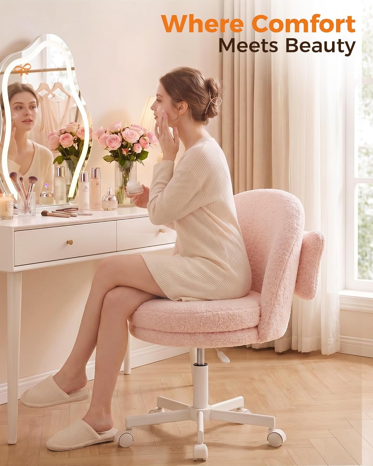 image:imageGTPLAYER Velvet Tall Office Chair with Wheels Vanity Chairs with Back Versatile Height Use Office to Bar Stools Small Ergonomic Comfy Armlees Computer Desk Chair with Bow Lumbar Pillow for GiftTvpink