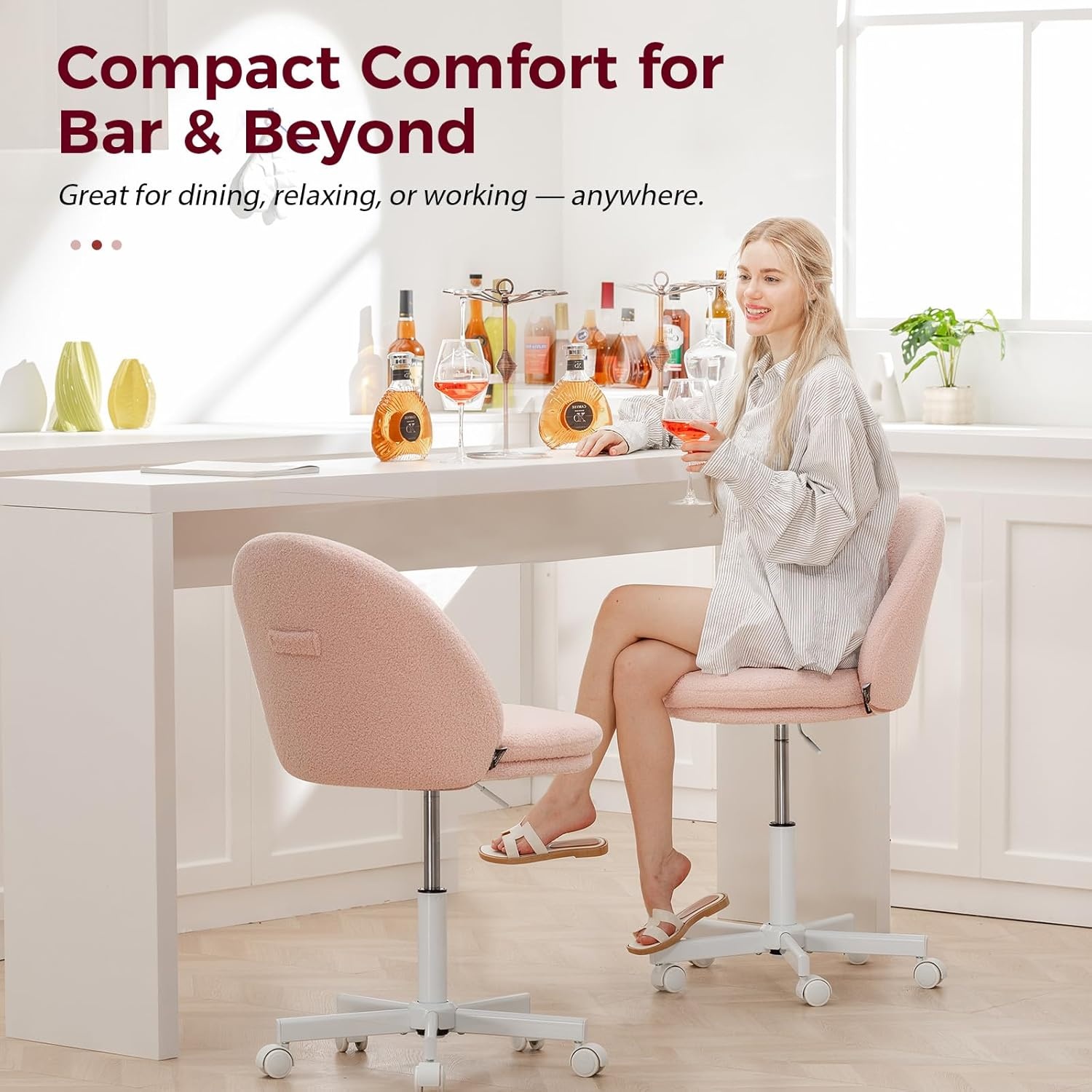 image:imageGTPLAYER Velvet Tall Office Chair with Wheels Vanity Chairs with Back Versatile Height Use Office to Bar Stools Small Ergonomic Comfy Armlees Computer Desk Chair with Bow Lumbar Pillow for GiftTvpeach