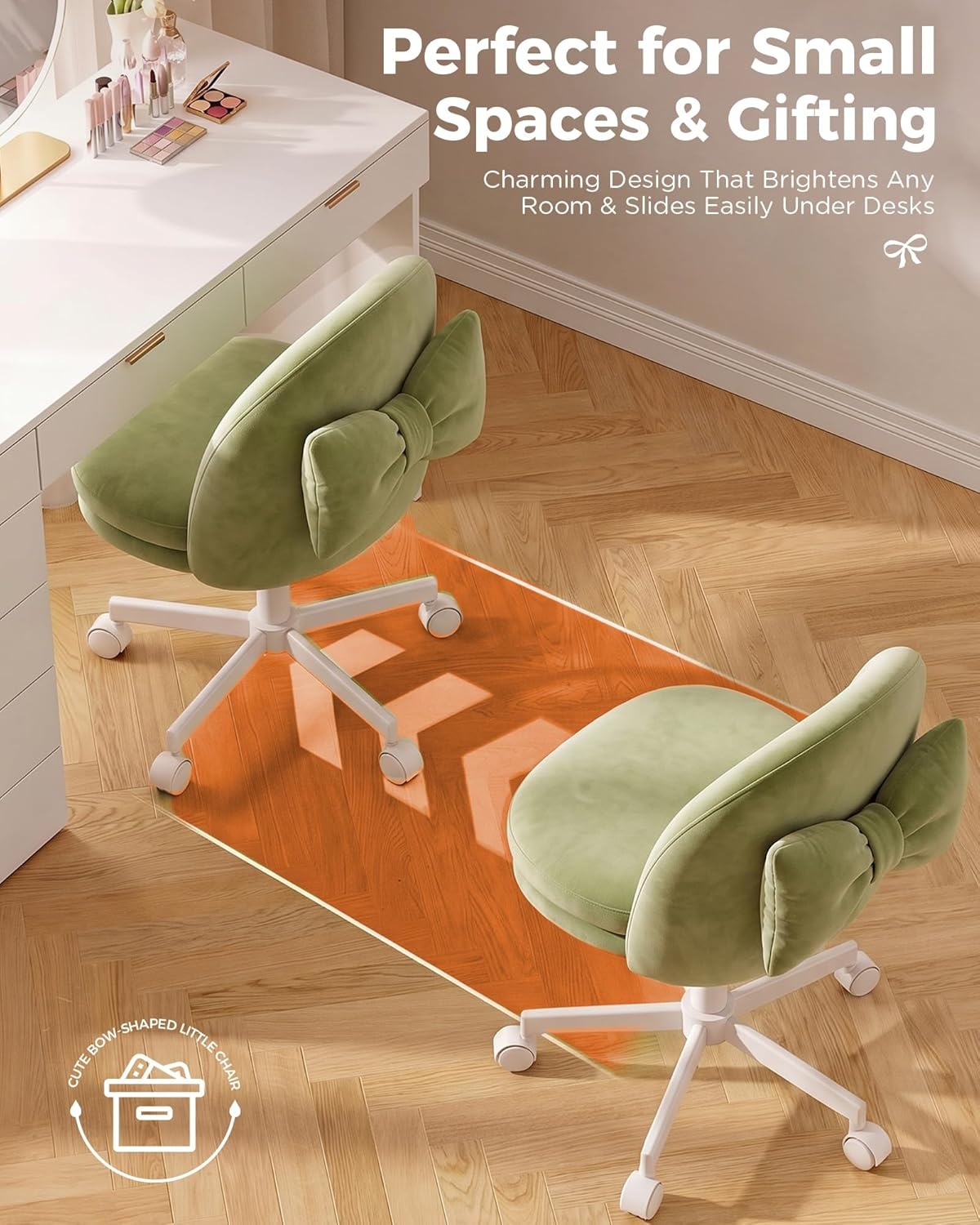 image:imageGTPLAYER Velvet Tall Office Chair with Wheels Vanity Chairs with Back Versatile Height Use Office to Bar Stools Small Ergonomic Comfy Armlees Computer Desk Chair with Bow Lumbar Pillow for GiftVegreen