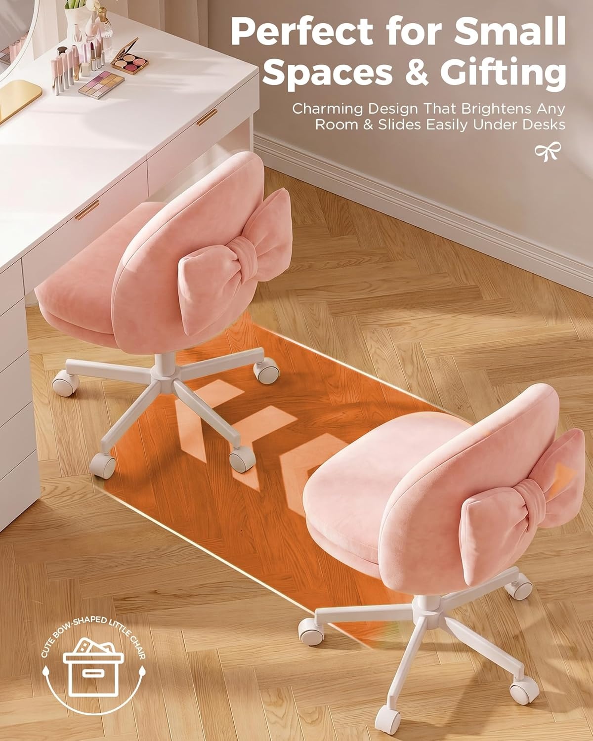 image:imageGTPLAYER Velvet Tall Office Chair with Wheels Vanity Chairs with Back Versatile Height Use Office to Bar Stools Small Ergonomic Comfy Armlees Computer Desk Chair with Bow Lumbar Pillow for GiftVepink