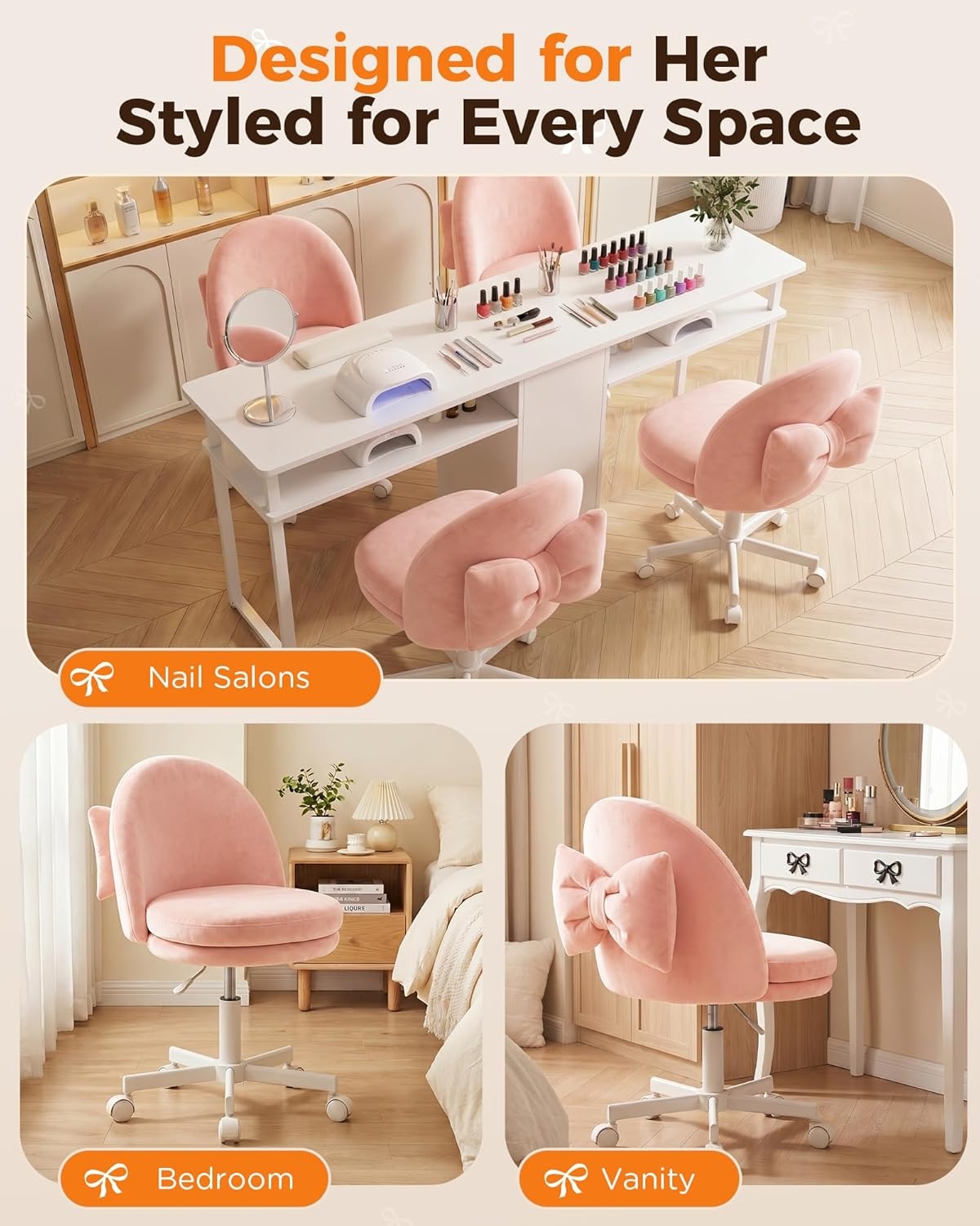 image:imageGTPLAYER Velvet Tall Office Chair with Wheels Vanity Chairs with Back Versatile Height Use Office to Bar Stools Small Ergonomic Comfy Armlees Computer Desk Chair with Bow Lumbar Pillow for GiftVepink