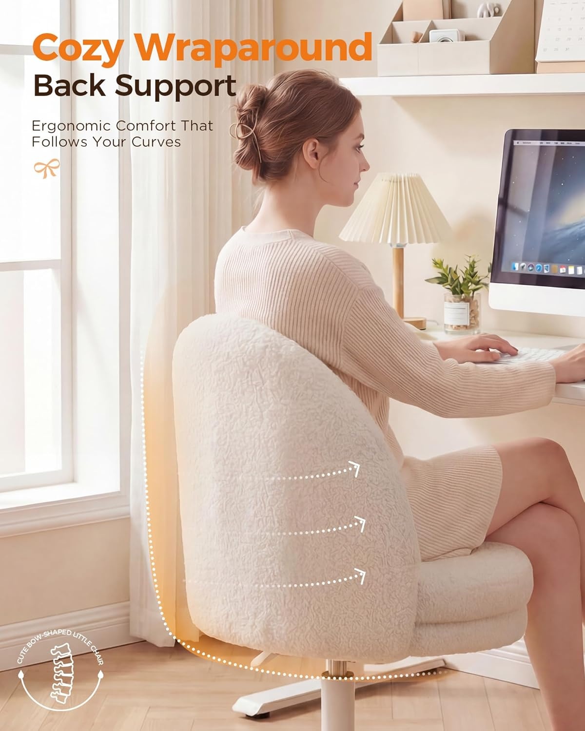 image:imageGTPLAYER Velvet Tall Office Chair with Wheels Vanity Chairs with Back Versatile Height Use Office to Bar Stools Small Ergonomic Comfy Armlees Computer Desk Chair with Bow Lumbar Pillow for GiftTvwhite