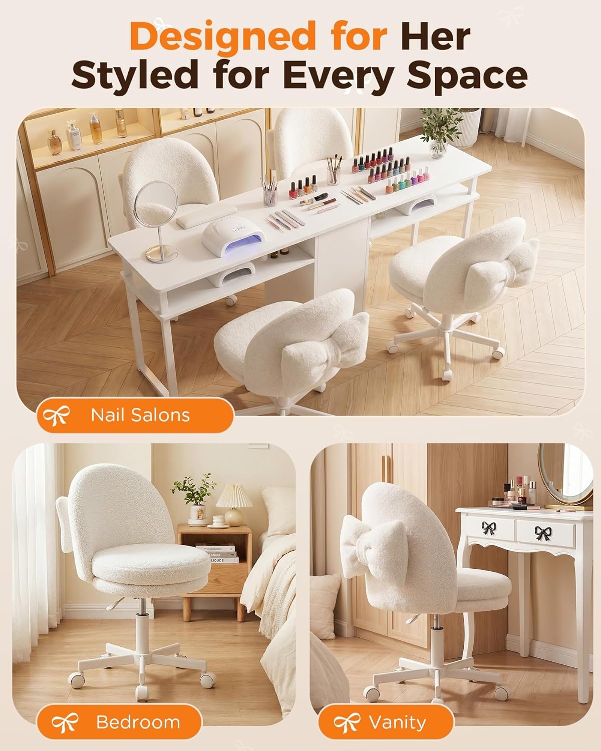 image:imageGTPLAYER Velvet Tall Office Chair with Wheels Vanity Chairs with Back Versatile Height Use Office to Bar Stools Small Ergonomic Comfy Armlees Computer Desk Chair with Bow Lumbar Pillow for GiftTvwhite