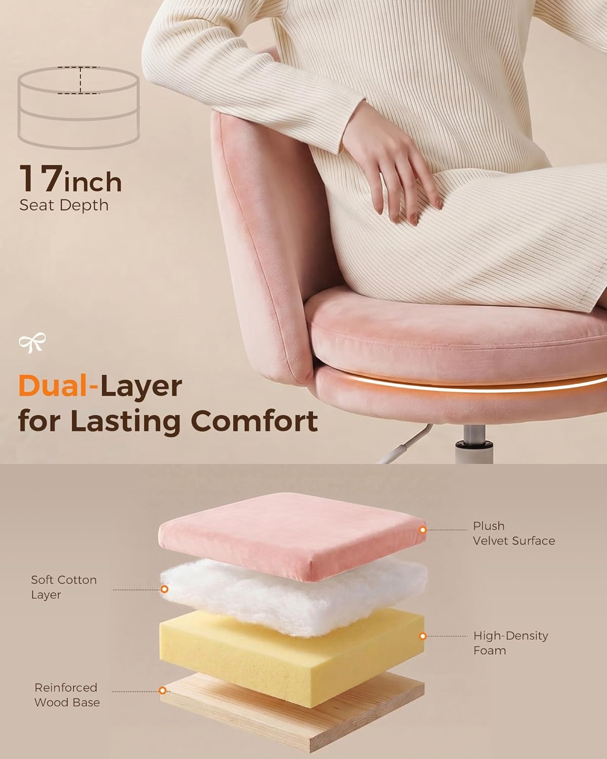 image:imageGTPLAYER Velvet Tall Office Chair with Wheels Vanity Chairs with Back Versatile Height Use Office to Bar Stools Small Ergonomic Comfy Armlees Computer Desk Chair with Bow Lumbar Pillow for GiftVepink