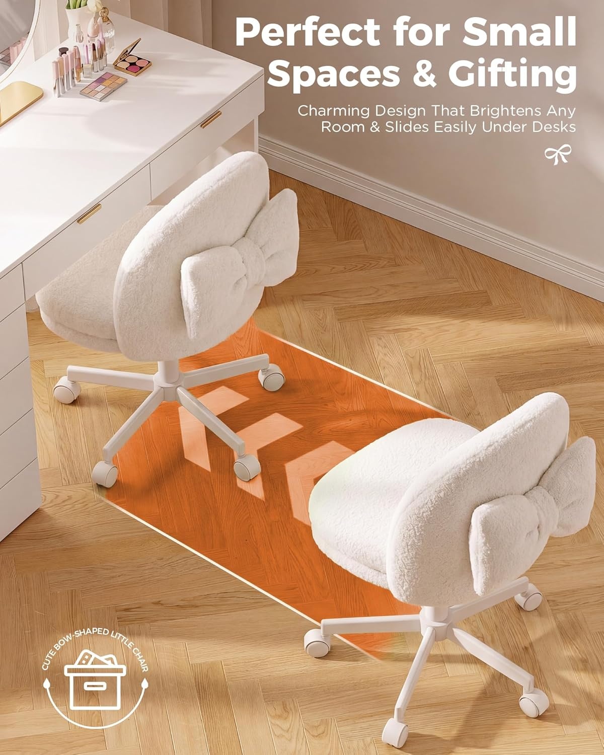image:imageGTPLAYER Velvet Tall Office Chair with Wheels Vanity Chairs with Back Versatile Height Use Office to Bar Stools Small Ergonomic Comfy Armlees Computer Desk Chair with Bow Lumbar Pillow for GiftTvwhite