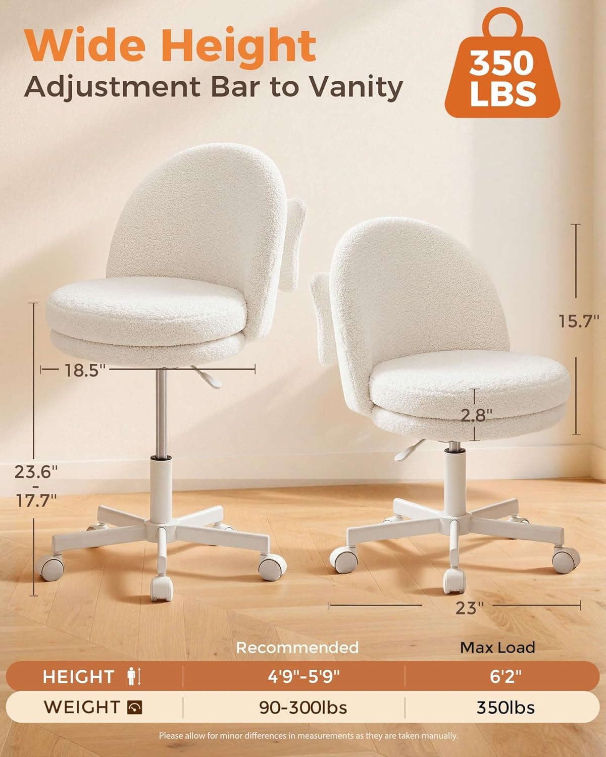 image:imageGTPLAYER Velvet Tall Office Chair with Wheels Vanity Chairs with Back Versatile Height Use Office to Bar Stools Small Ergonomic Comfy Armlees Computer Desk Chair with Bow Lumbar Pillow for GiftTvwhite