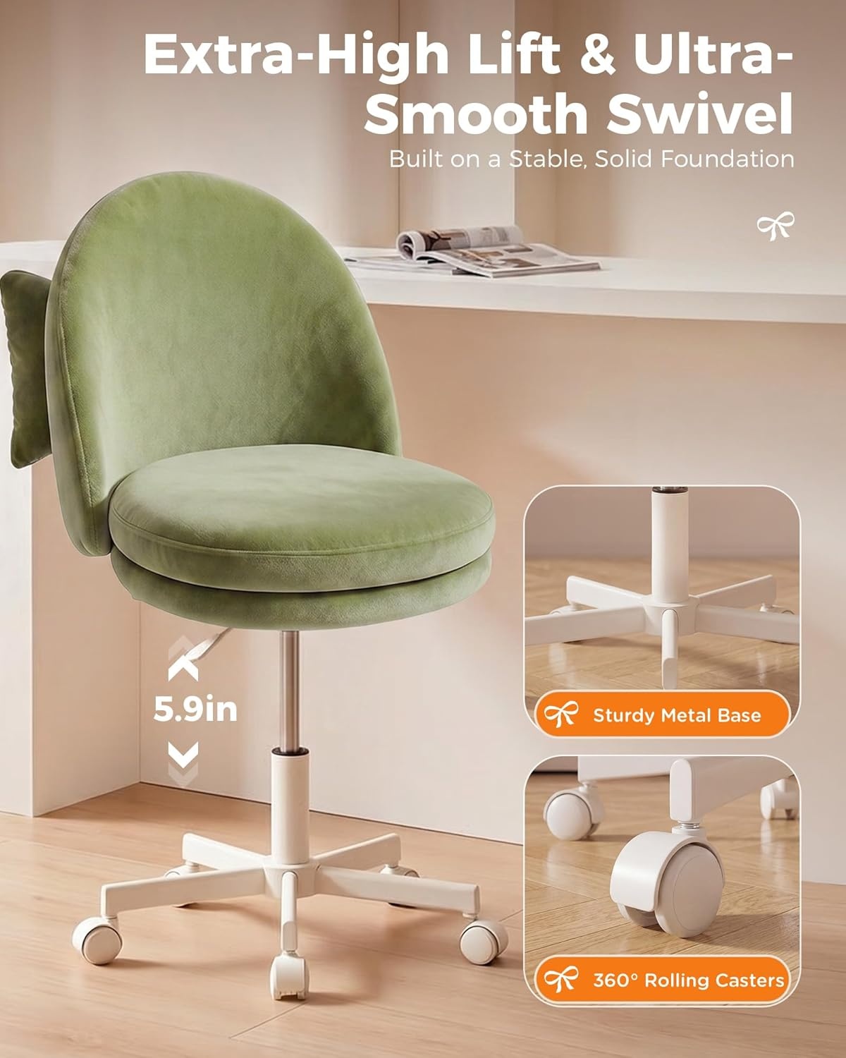 image:imageGTPLAYER Velvet Tall Office Chair with Wheels Vanity Chairs with Back Versatile Height Use Office to Bar Stools Small Ergonomic Comfy Armlees Computer Desk Chair with Bow Lumbar Pillow for GiftVegreen
