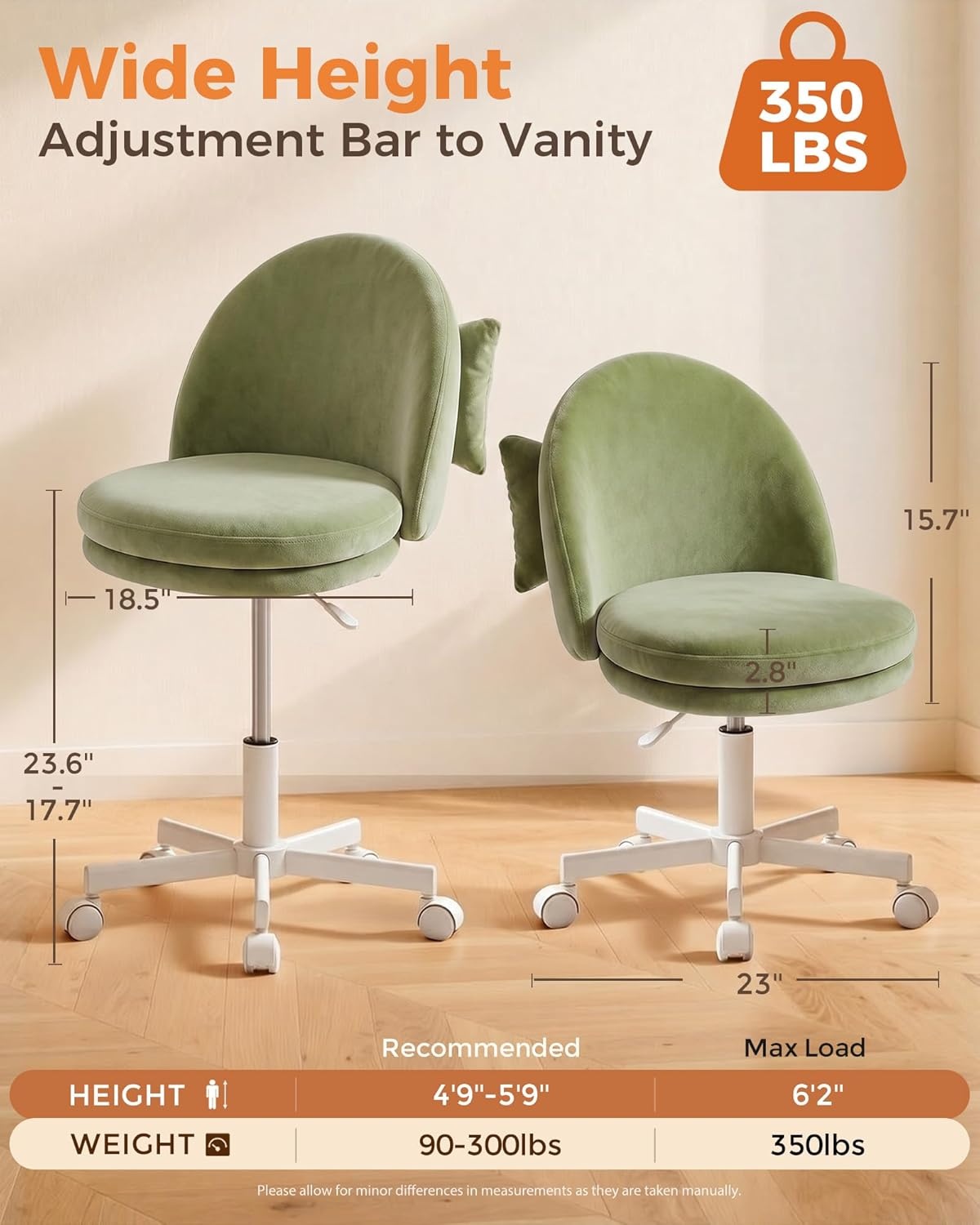 image:imageGTPLAYER Velvet Tall Office Chair with Wheels Vanity Chairs with Back Versatile Height Use Office to Bar Stools Small Ergonomic Comfy Armlees Computer Desk Chair with Bow Lumbar Pillow for GiftVegreen