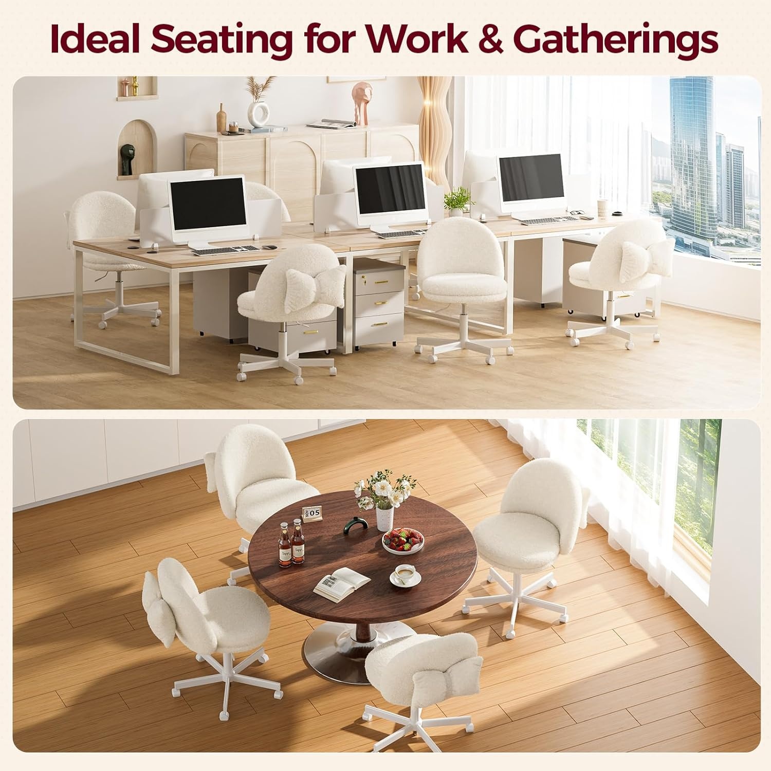 image:imageGTPLAYER Velvet Tall Office Chair with Wheels Vanity Chairs with Back Versatile Height Use Office to Bar Stools Small Ergonomic Comfy Armlees Computer Desk Chair with Bow Lumbar Pillow for GiftTvcream
