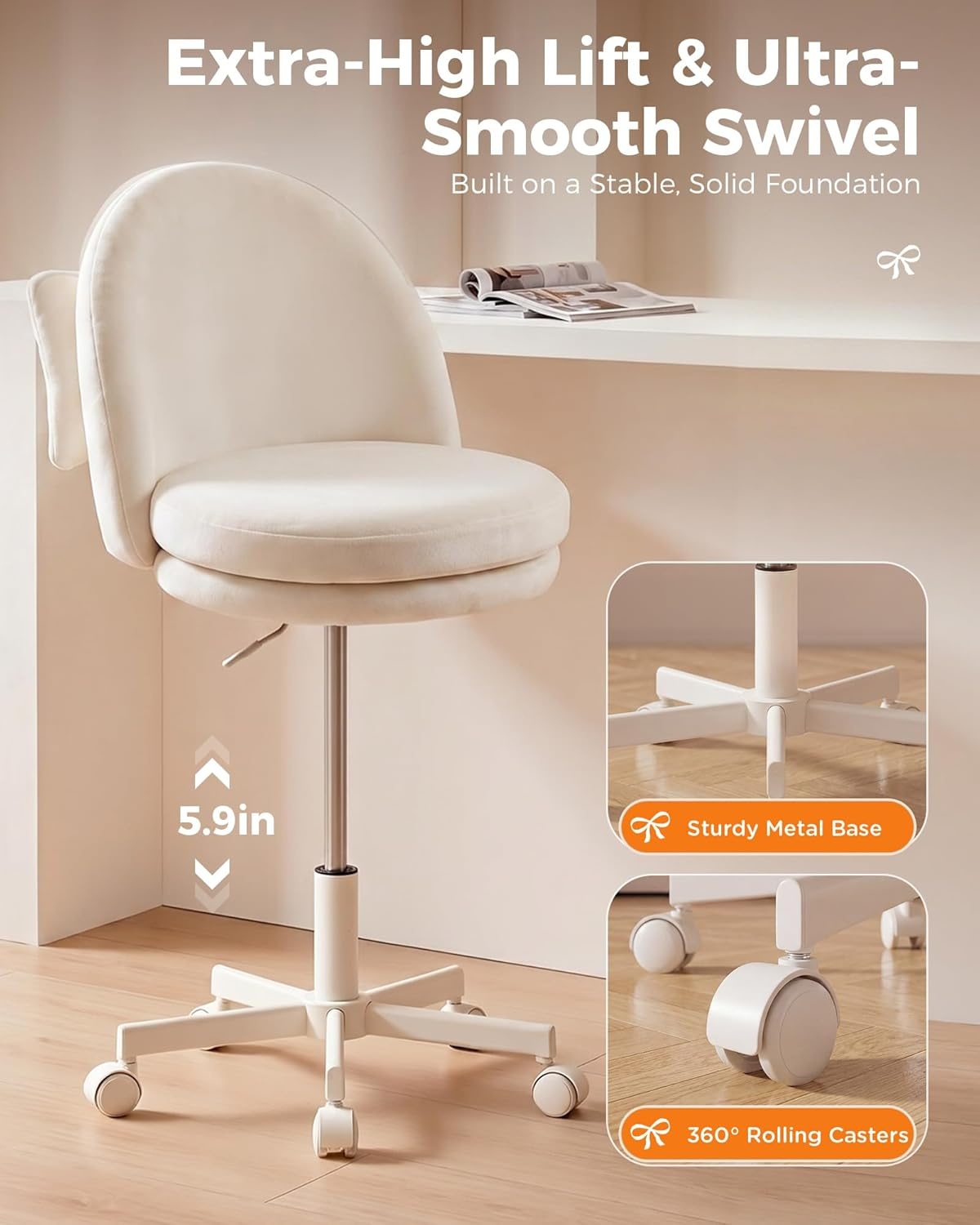 image:imageGTPLAYER Velvet Tall Office Chair with Wheels Vanity Chairs with Back Versatile Height Use Office to Bar Stools Small Ergonomic Comfy Armlees Computer Desk Chair with Bow Lumbar Pillow for GiftVewhite