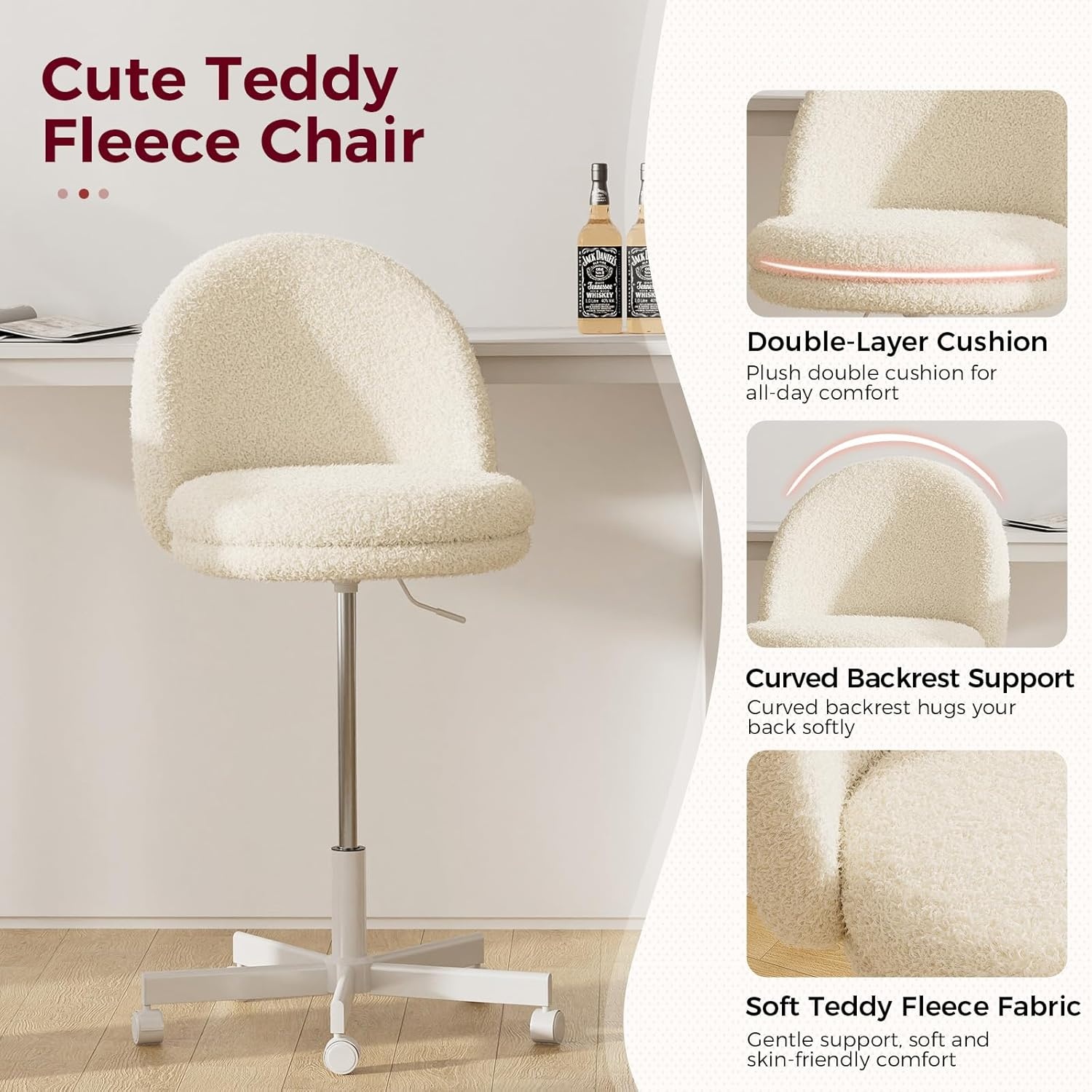 image:imageGTPLAYER Velvet Tall Office Chair with Wheels Vanity Chairs with Back Versatile Height Use Office to Bar Stools Small Ergonomic Comfy Armlees Computer Desk Chair with Bow Lumbar Pillow for GiftTvcream