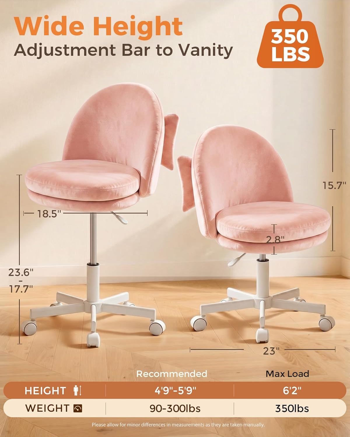 image:imageGTPLAYER Velvet Tall Office Chair with Wheels Vanity Chairs with Back Versatile Height Use Office to Bar Stools Small Ergonomic Comfy Armlees Computer Desk Chair with Bow Lumbar Pillow for GiftVepink