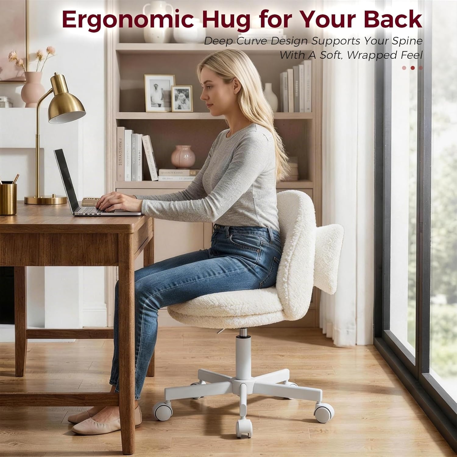 image:imageGTPLAYER Velvet Tall Office Chair with Wheels Vanity Chairs with Back Versatile Height Use Office to Bar Stools Small Ergonomic Comfy Armlees Computer Desk Chair with Bow Lumbar Pillow for GiftTvcream