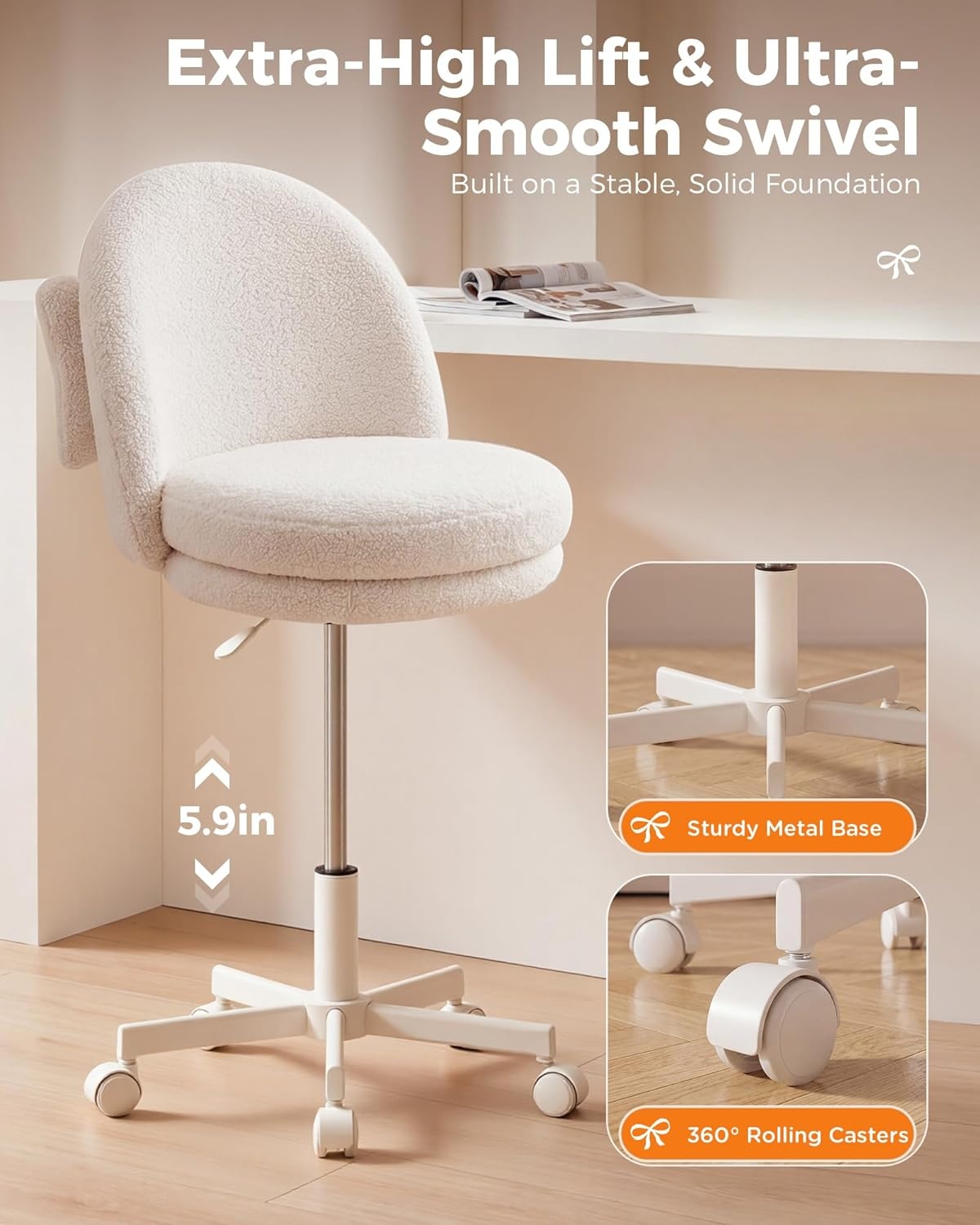 image:imageGTPLAYER Velvet Tall Office Chair with Wheels Vanity Chairs with Back Versatile Height Use Office to Bar Stools Small Ergonomic Comfy Armlees Computer Desk Chair with Bow Lumbar Pillow for GiftTvwhite