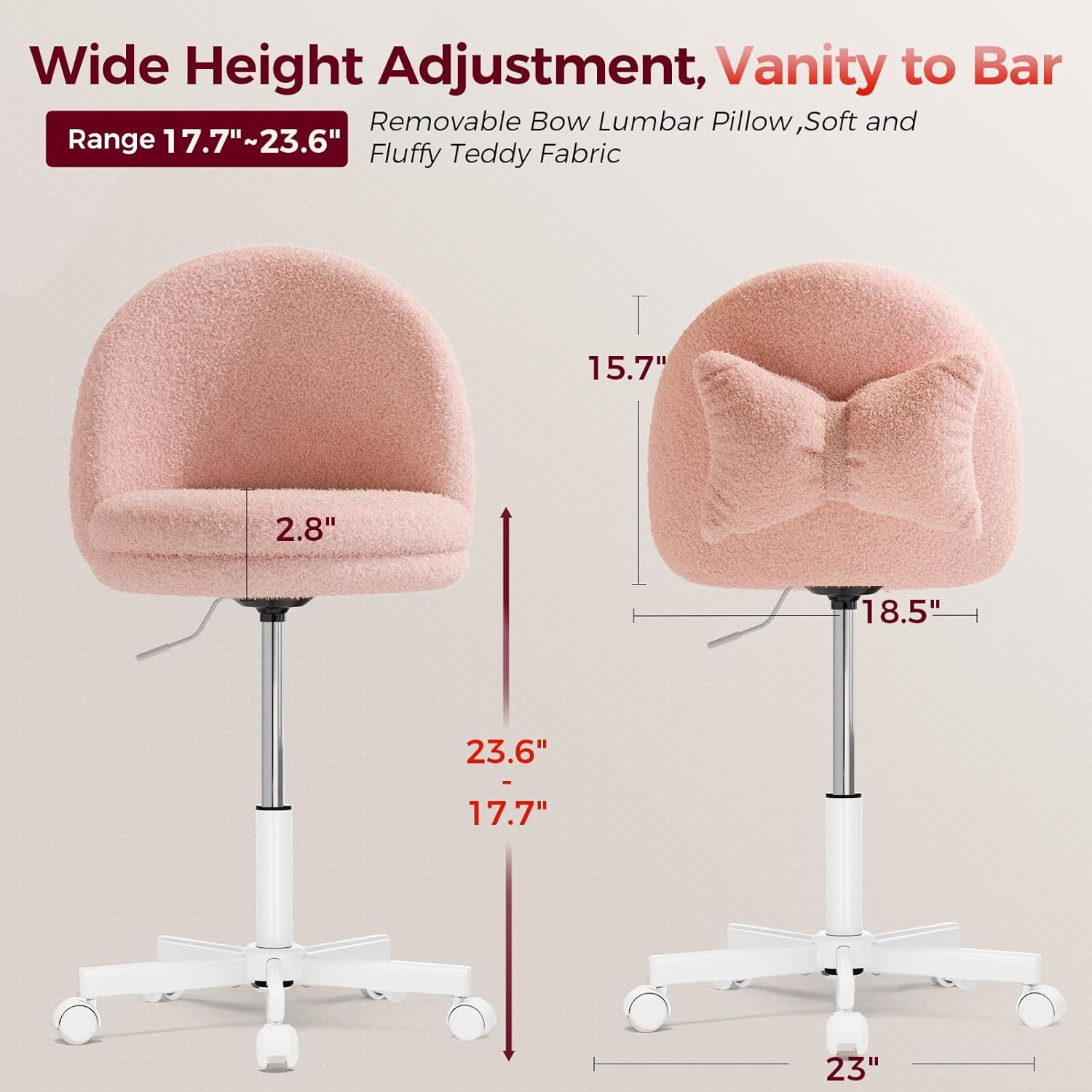 image:imageGTPLAYER Velvet Tall Office Chair with Wheels Vanity Chairs with Back Versatile Height Use Office to Bar Stools Small Ergonomic Comfy Armlees Computer Desk Chair with Bow Lumbar Pillow for GiftTvpeach
