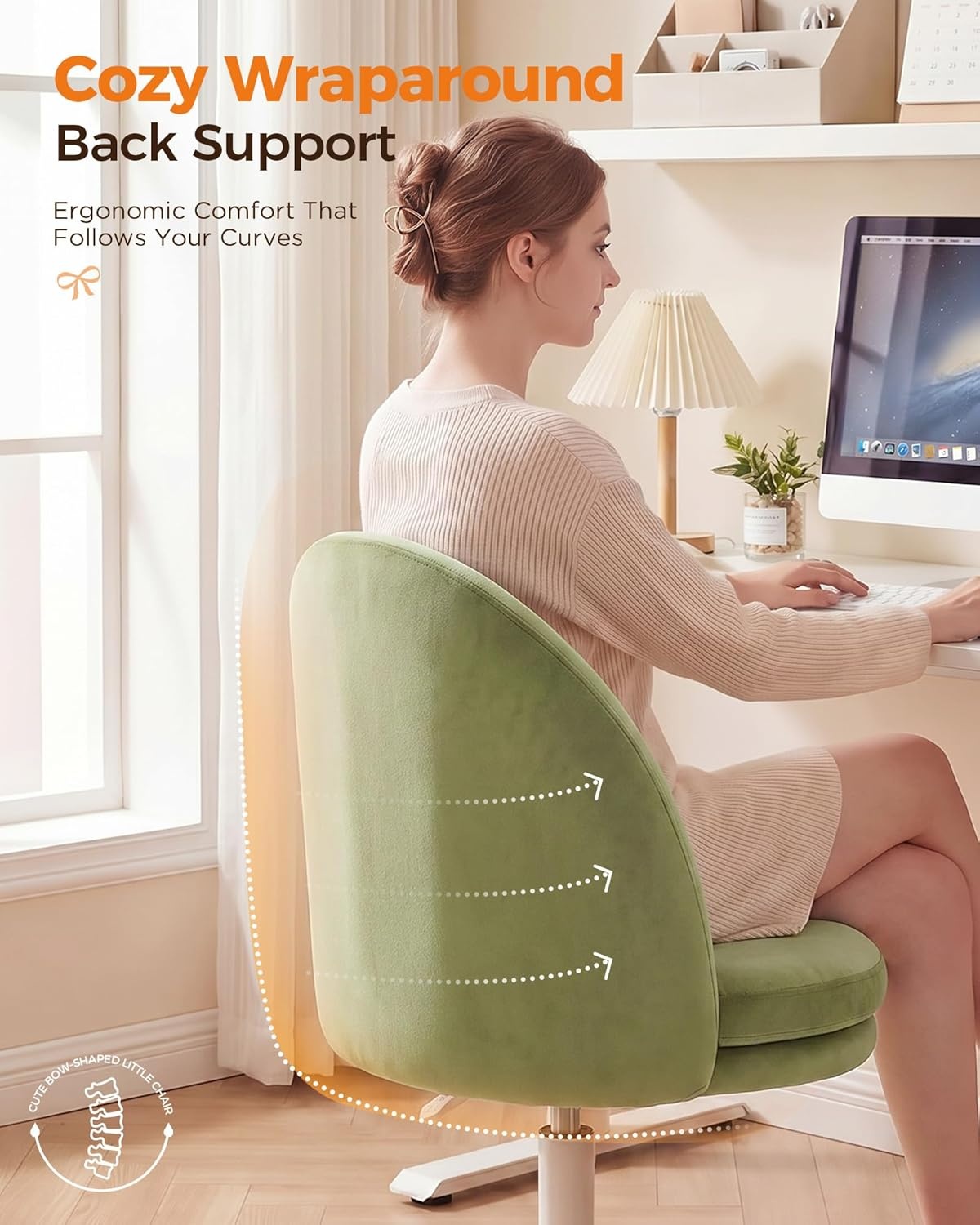 image:imageGTPLAYER Velvet Tall Office Chair with Wheels Vanity Chairs with Back Versatile Height Use Office to Bar Stools Small Ergonomic Comfy Armlees Computer Desk Chair with Bow Lumbar Pillow for GiftVegreen