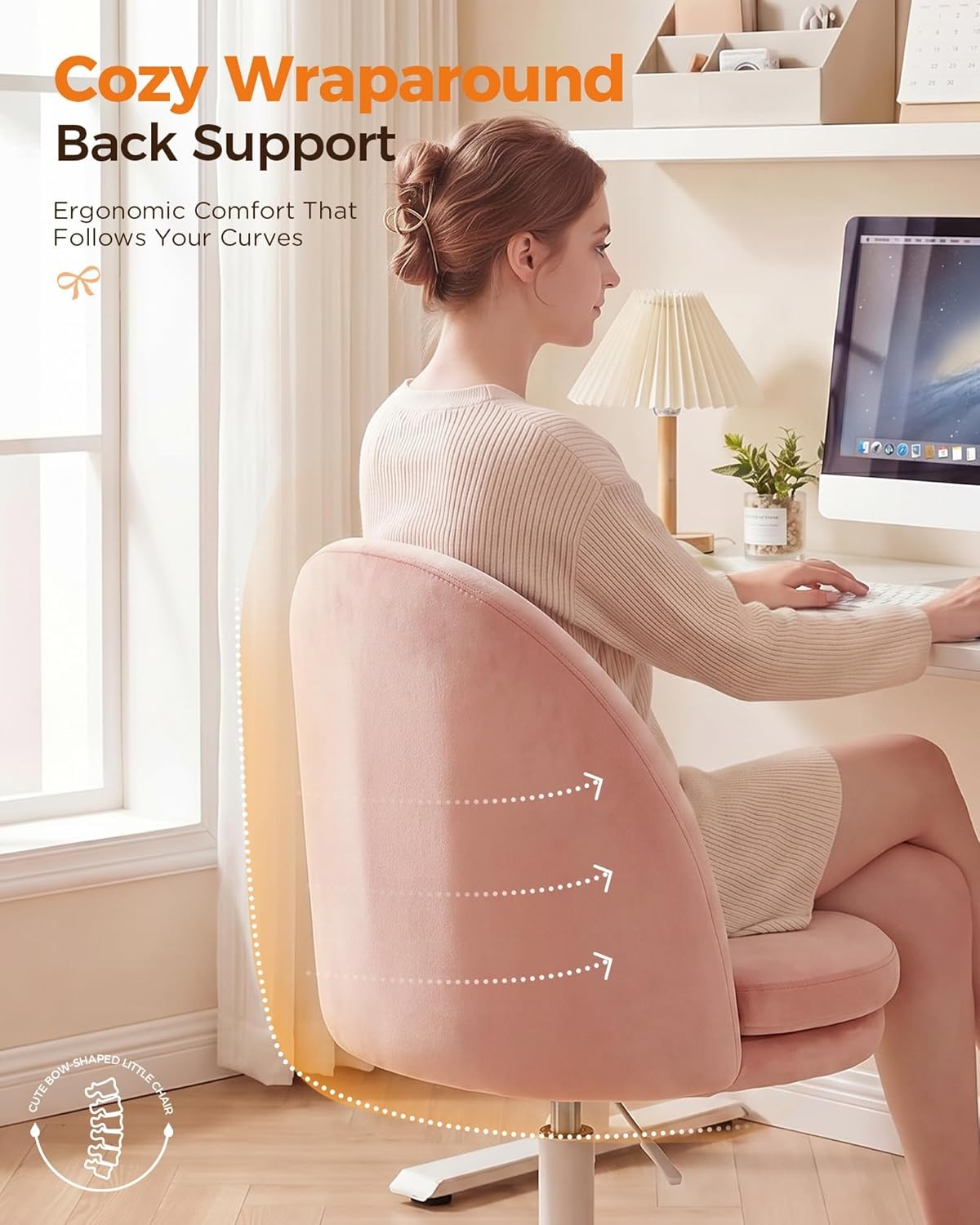 image:imageGTPLAYER Velvet Tall Office Chair with Wheels Vanity Chairs with Back Versatile Height Use Office to Bar Stools Small Ergonomic Comfy Armlees Computer Desk Chair with Bow Lumbar Pillow for GiftVepink