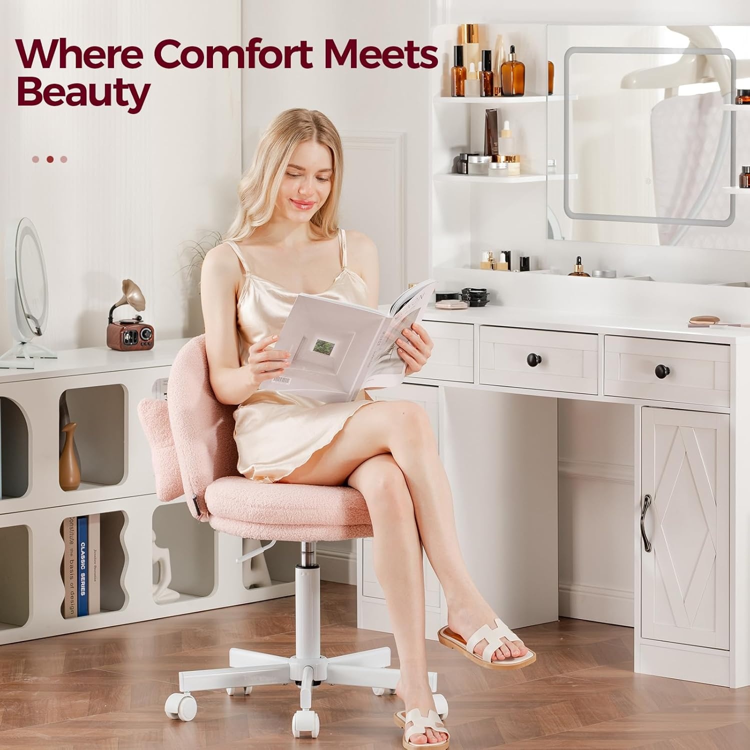 image:imageGTPLAYER Velvet Tall Office Chair with Wheels Vanity Chairs with Back Versatile Height Use Office to Bar Stools Small Ergonomic Comfy Armlees Computer Desk Chair with Bow Lumbar Pillow for GiftTvpeach