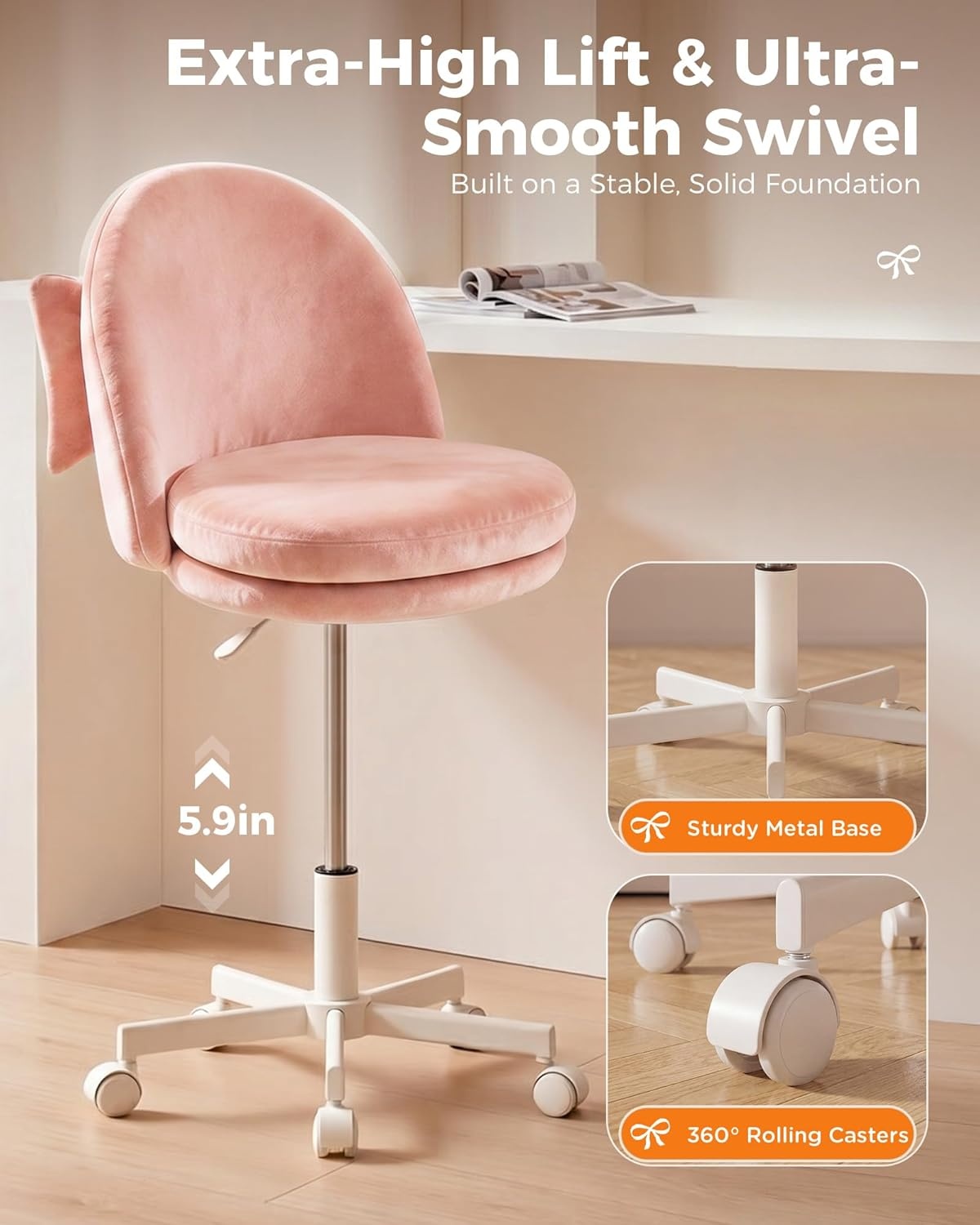 image:imageGTPLAYER Velvet Tall Office Chair with Wheels Vanity Chairs with Back Versatile Height Use Office to Bar Stools Small Ergonomic Comfy Armlees Computer Desk Chair with Bow Lumbar Pillow for GiftVepink