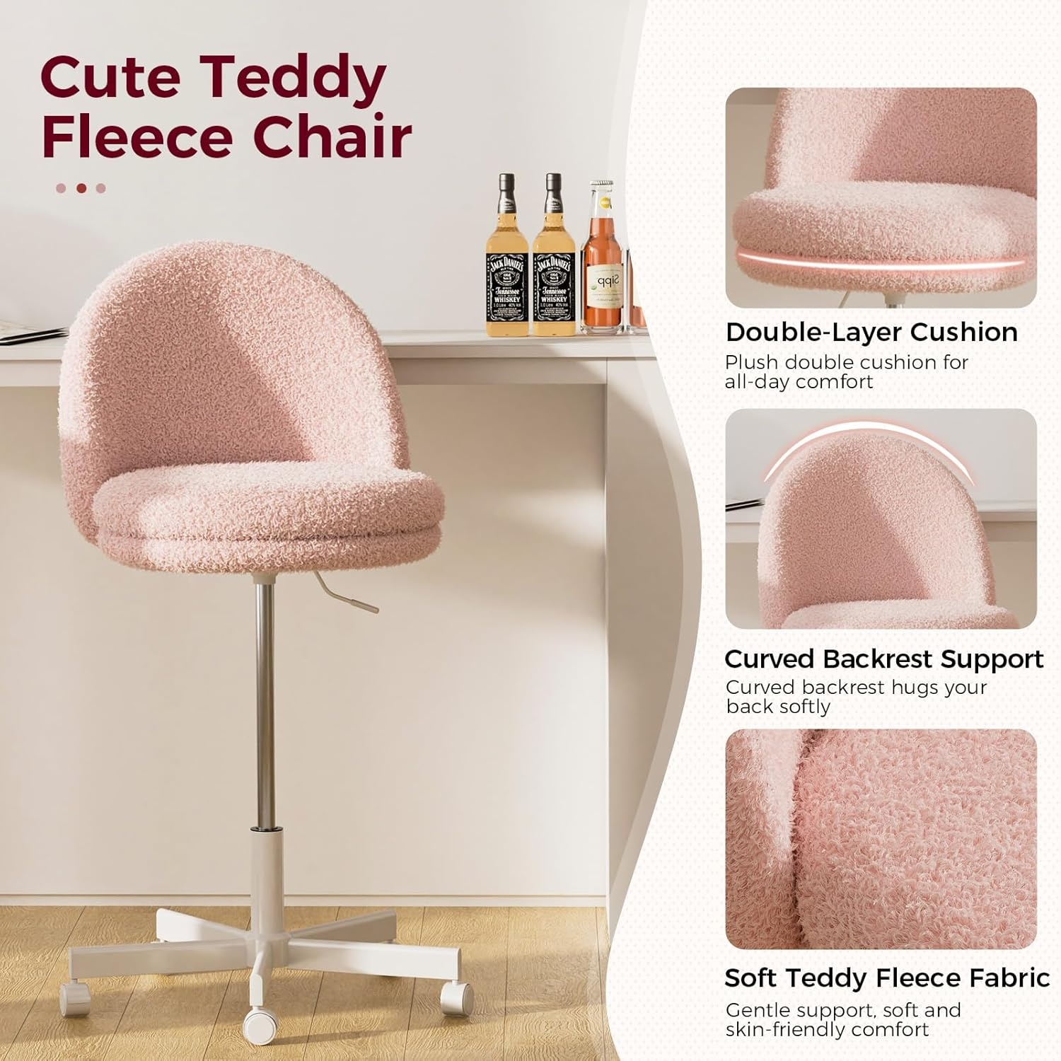 image:imageGTPLAYER Velvet Tall Office Chair with Wheels Vanity Chairs with Back Versatile Height Use Office to Bar Stools Small Ergonomic Comfy Armlees Computer Desk Chair with Bow Lumbar Pillow for GiftTvpeach