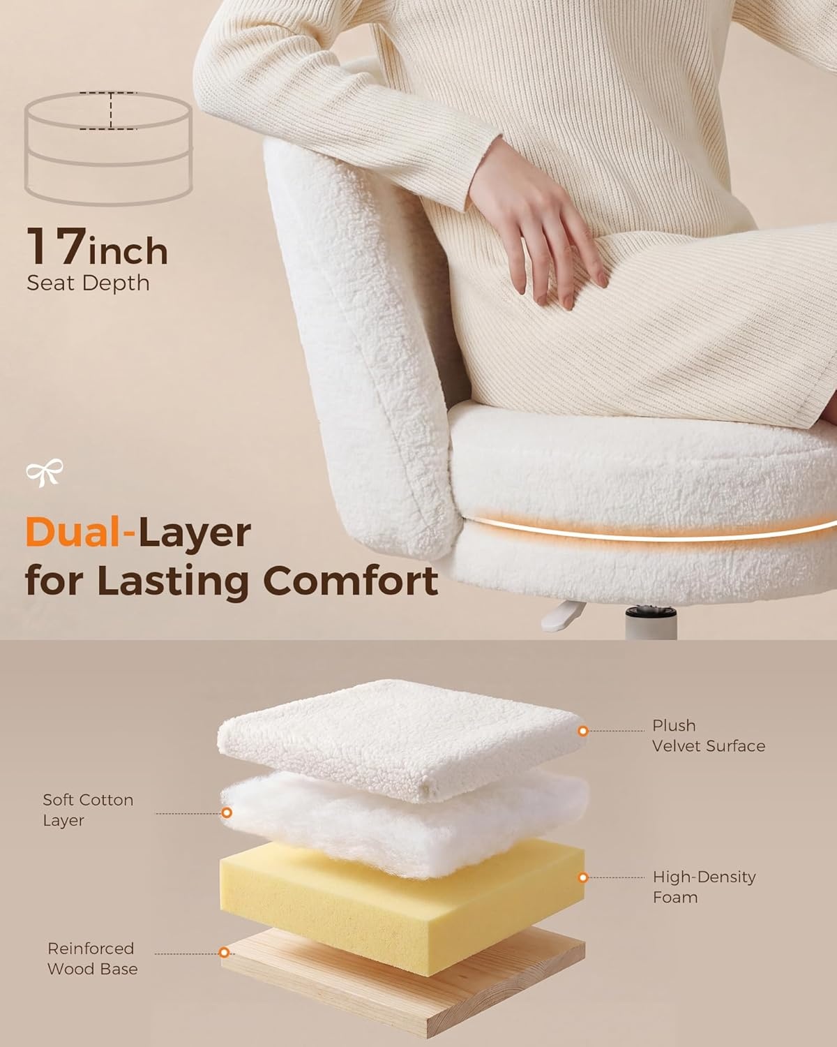 image:imageGTPLAYER Velvet Tall Office Chair with Wheels Vanity Chairs with Back Versatile Height Use Office to Bar Stools Small Ergonomic Comfy Armlees Computer Desk Chair with Bow Lumbar Pillow for GiftTvwhite