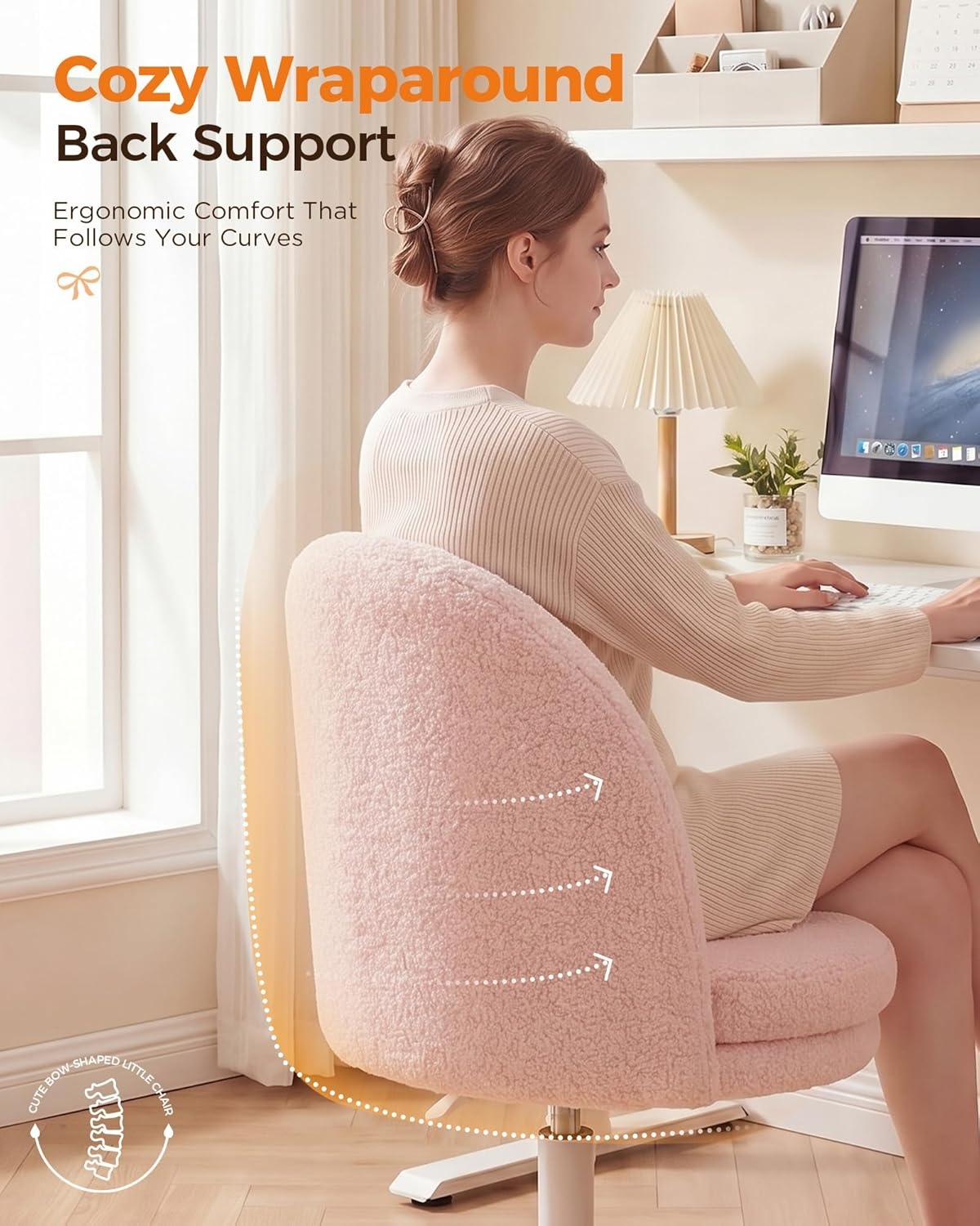 image:imageGTPLAYER Velvet Tall Office Chair with Wheels Vanity Chairs with Back Versatile Height Use Office to Bar Stools Small Ergonomic Comfy Armlees Computer Desk Chair with Bow Lumbar Pillow for GiftTvpink